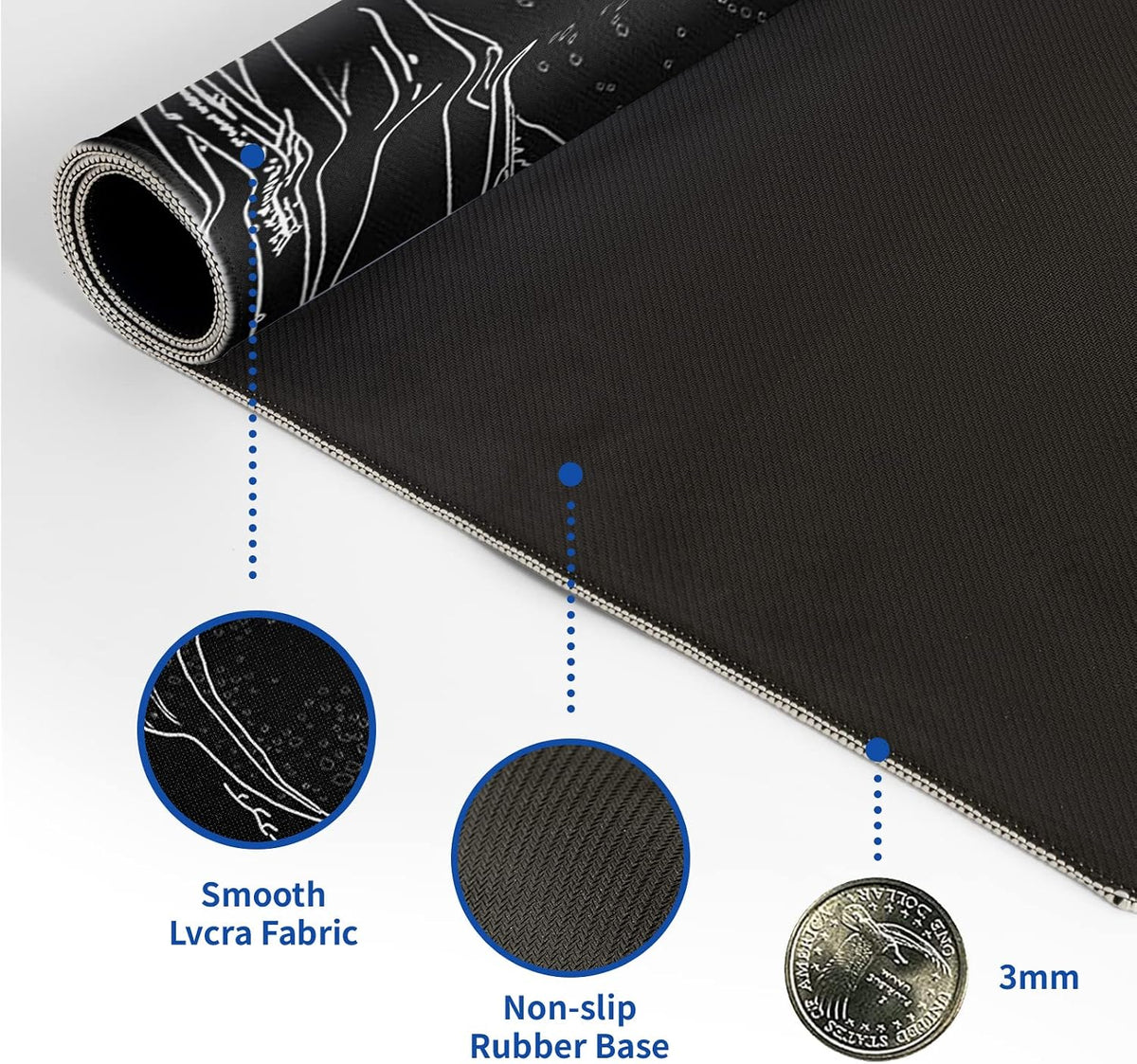Japanese Gaming Mouse Pad Abstract Black Mouse Pad 31.5x11.8 Inch Black Sea Wave Texture Non-Slip Rubber Base Large Ocean Mousepad Stitched Edges Keyboard Mouse Mat Desk Pad for Office and Home