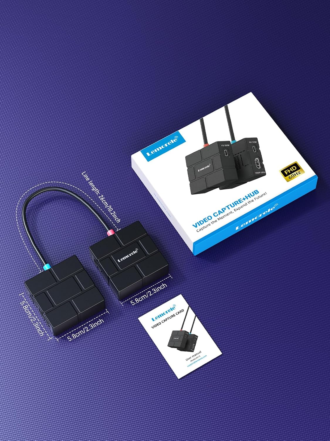 Lemorele USB-C Video Capture Hub 1080P 60FPS Capture Card with HDMI Loopout | Dual 100W PD Charging, Built-in USB-A Port for peripherals, Compatible with Switch, Steam Deck, Phones, Tablets, PC, Mac, OBS