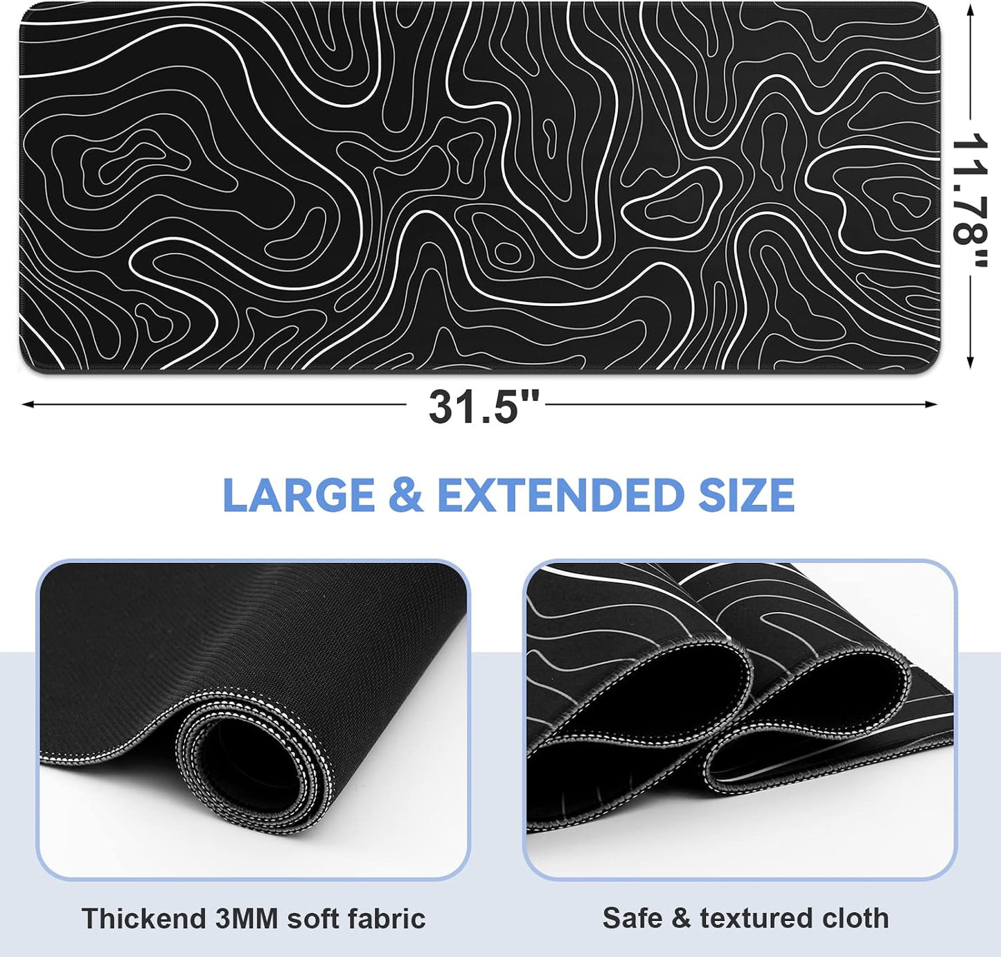 DIGSOM Gaming Mouse Pad, Black with White Topographic Line, 31.5x11.8in | XL Mouse mat, Smooth surface, Anti-slip rubber base, For keyboard and mouse, For home and office use