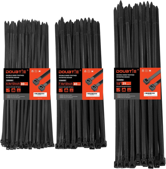 Zip Ties Heavy Duty ，12+12+18 Inch V-Shaped Toothed Double Sided Assorted Size With 200 LBS Tensile Strength Cable Wire Ties Adjustable More Durable Nylon Tie Wraps for Indoor Outdoor（150 Pack）