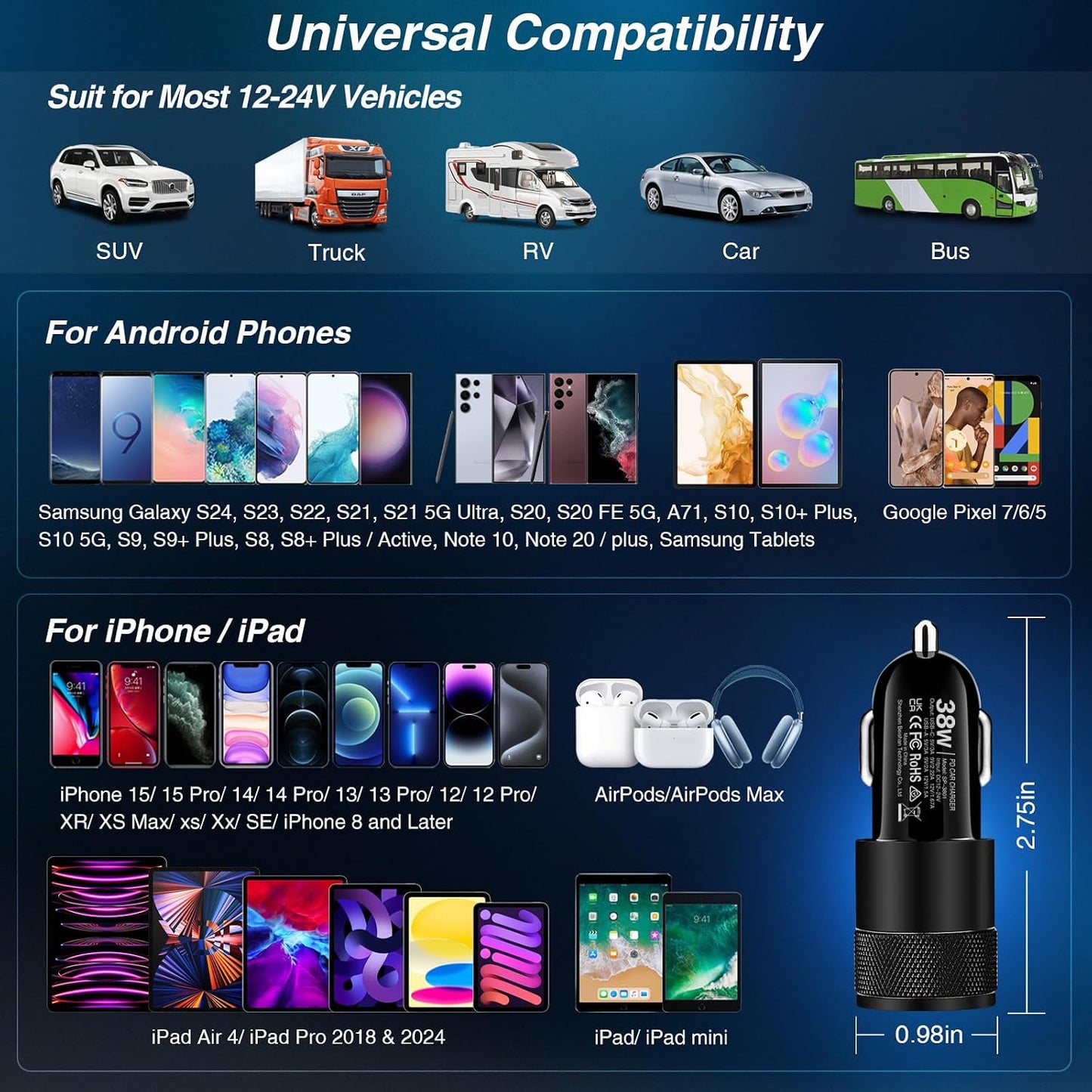 Car Charger, 5Pack 38W Dual Ports USB-C+USB-A Cigarette Lighter Adapter | Fast Charging Car Phone Charger for iPhone 17 Pro Max 16 16e 15 14, Samsung S24, Pixel Cargador para Carro Phone Plug