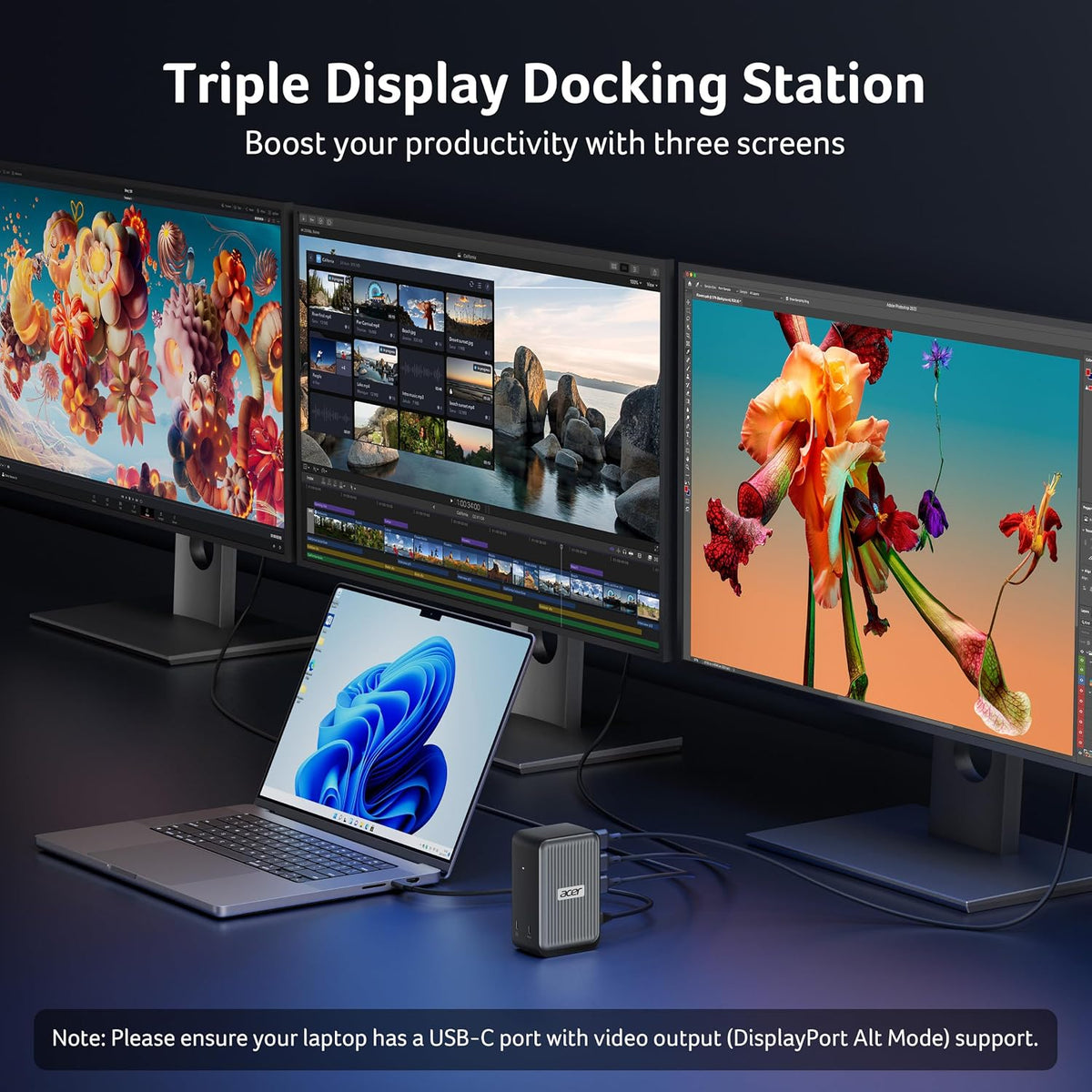 Acer Docking Station, 12-in-1 USB C Docking Station 3 Monitor with 2HDMI+DP