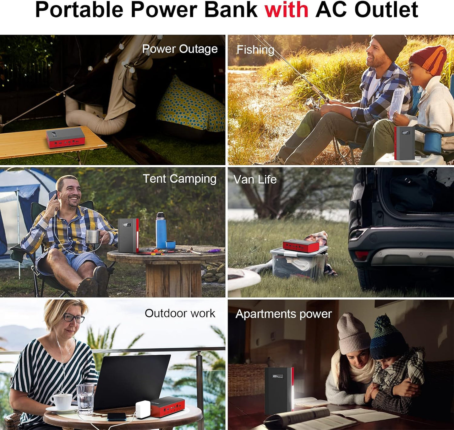 Portable Power Bank with AC Outlet, 65W Portable Laptop Charger Backup | 110V External Battery Power Pack Fast Charging Power Source for Outdoor RV Tent Camping Home Smart Device Emergency -Grey Red