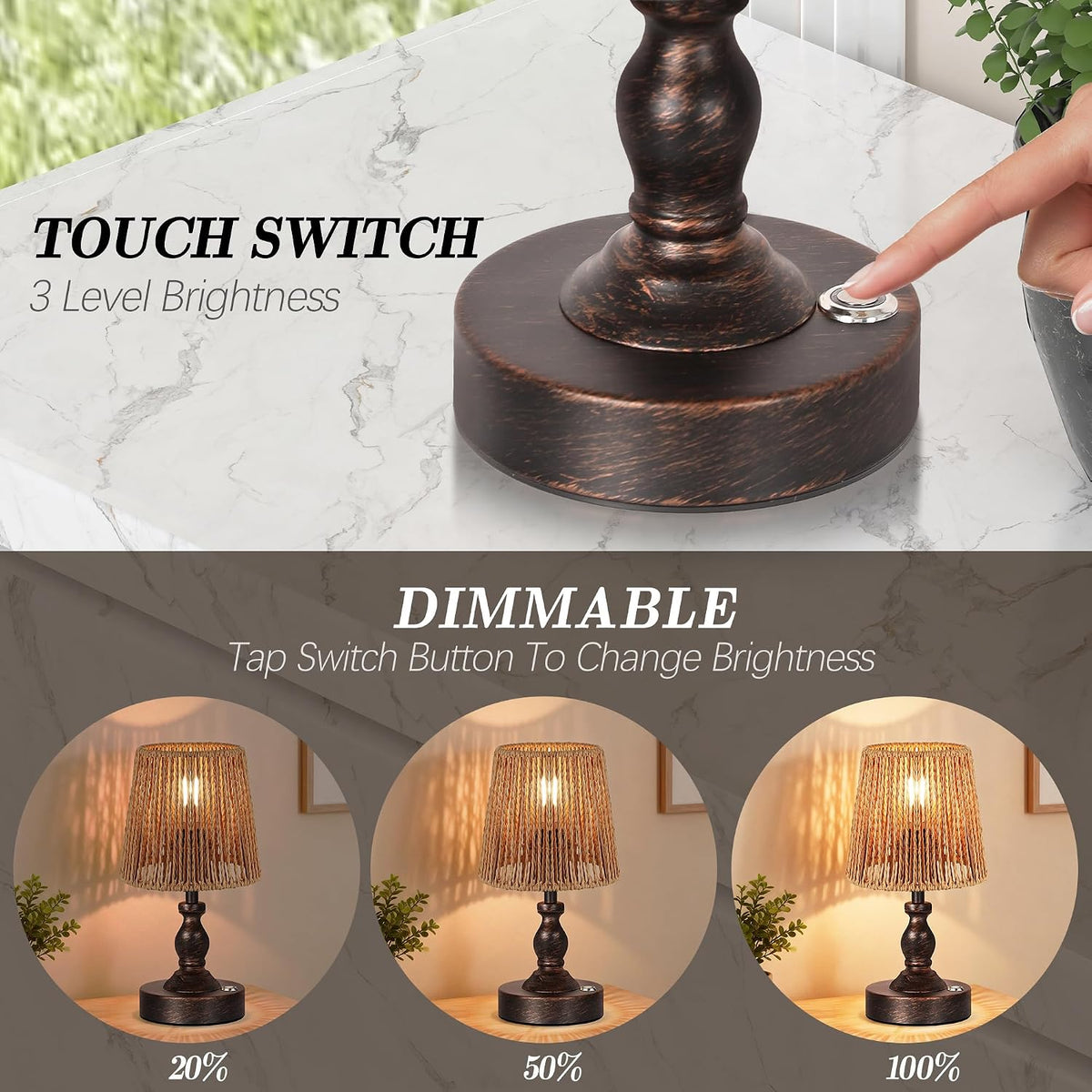 Mini Cordless LED Table Lamp, 5200mAh Rechargeable Battery Operated Lamp, 3-Level Brightness, Touch Dimmable Desk Lamp, Bedside Night Light with Rattan Shade, Oil Rubbed Bronze