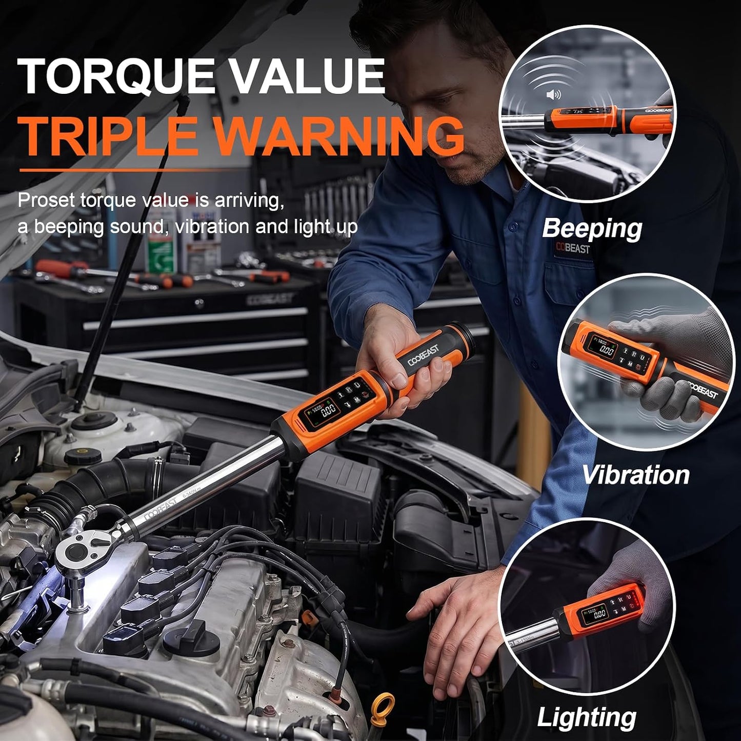 coobeast 1/2 Drive Digital Torque Wrench(3.76-250.8 Ft.lbs./5.1-340Nm) | Preset Value Torque Wrench with ±2% accuracy, Buzzer and LED Flash Five Units of Measure for Motorcycle, Auto Repair