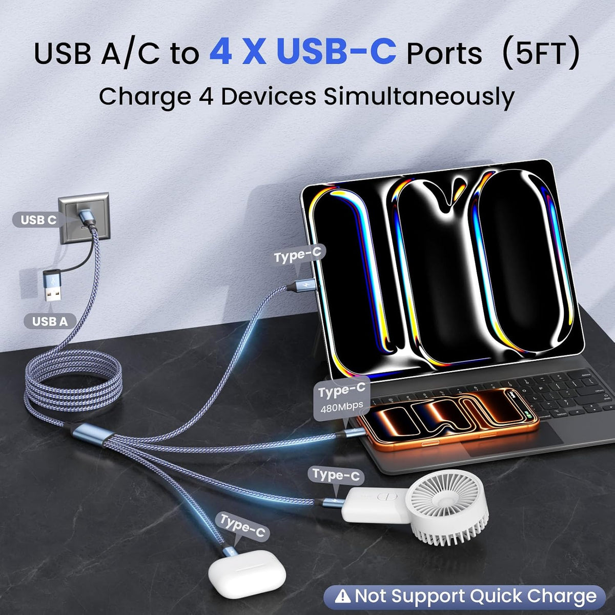 USB C Splitter Multi Charging Cable with 4 Type-C Ports, USBC to USBC Cable | Charger Cable for Multiple Devices, Car CarPlay 4IN2 Multi Charger Cord for Cell Phones and More, Travel Essentials 5FT 2PCS