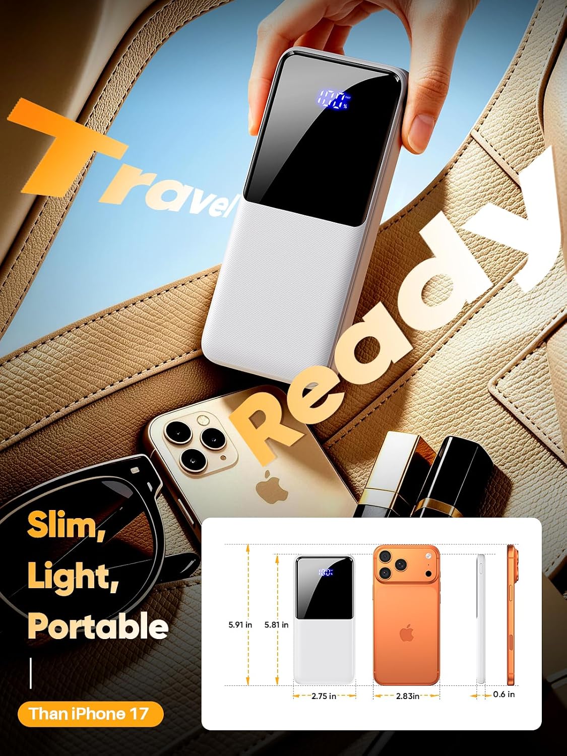 CFIAI Portable Charger Power Bank 15000mAh Battery Pack with Built in Cable | Ultra Slim, 50% Larger Capacity, Travel Essential, 22.5W Fast Charge USB C Phone Charger for iPhone Samsung Android, White