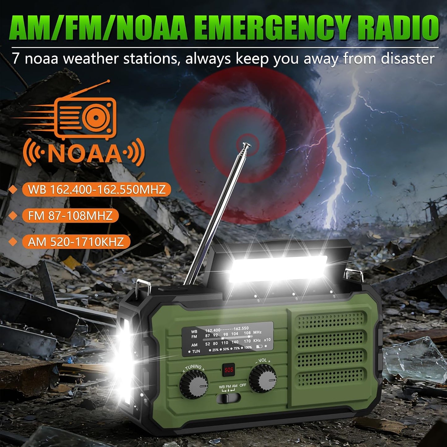 Emergency Radio Hand Crank Solar, 10000mAh/37000mWh Emergency Weather Radio | Hand Crank Solar Radios with NOAA/AM/FM, Thermal Blanket, Survival Bracelet, for Home & Outdoor