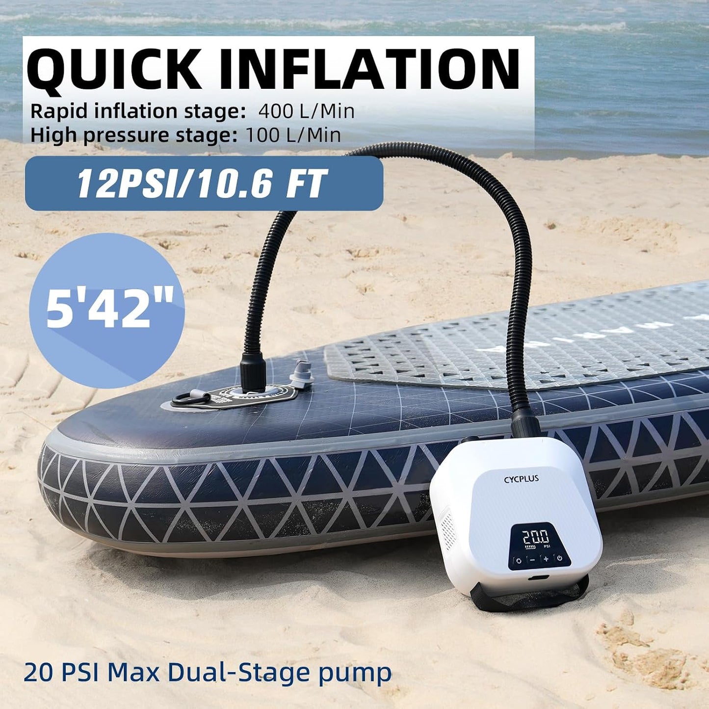 CYCPLUS Smart SUP Air Pump, 20PSI, 38.48Wh Battery, Inflation & Deflation | Compact size, 1.14kg, Auto-Off, 7 Nozzles, Air Pump for Stand Up Paddle Boards,Surfing Kite, Tent, Mattress