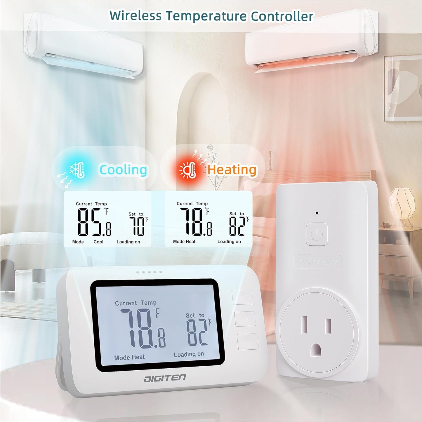 DIGITEN Wireless Thermostat WTC100 Pro Temperature Controller for Cooling & Heating, Remote Controlled Outlet, Easy-to-Use and Non-Programmable Plug in Thermostats for Home