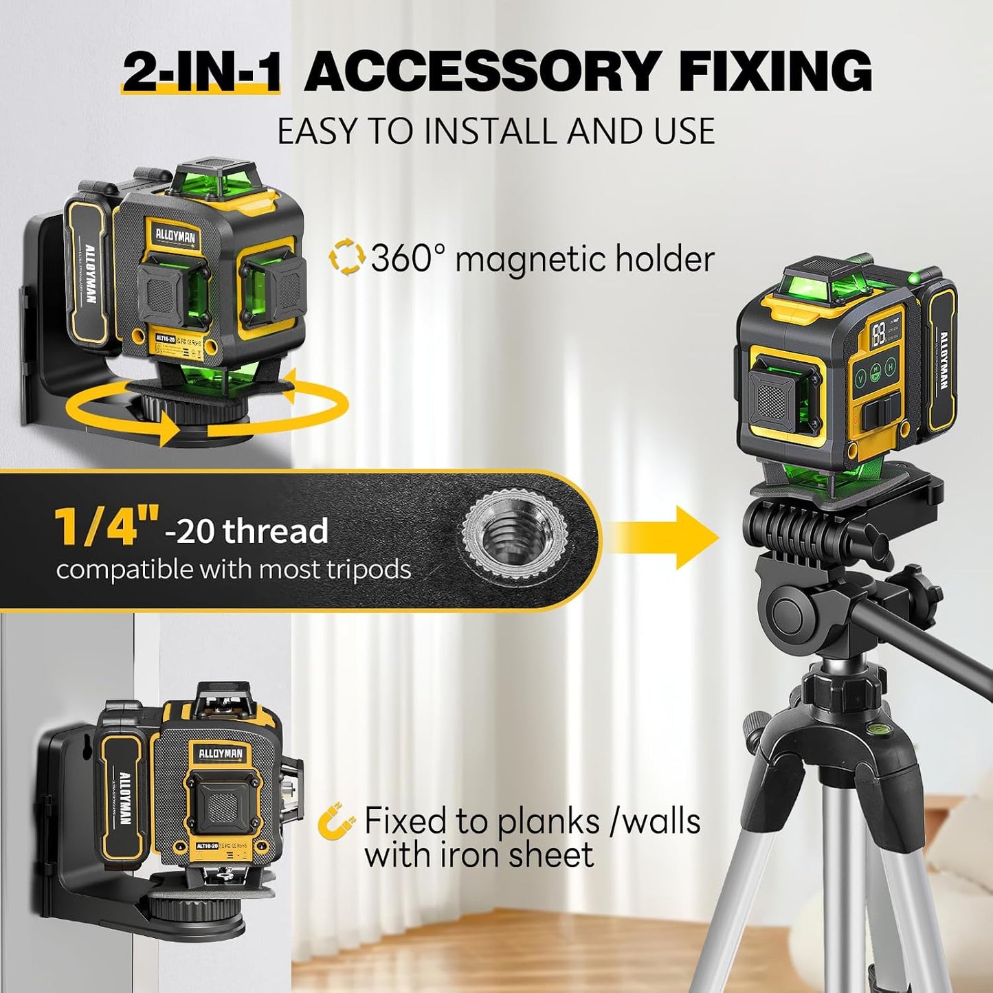 Alloyman Laser Level with Tripod, Laser Level 4× 360° Self Leveling | Green Line Lazer Leveler Tool with with 2Pcs Lithium Batteries, Ideal for Picture Hanging, Tile, Home Renovation, Indoor