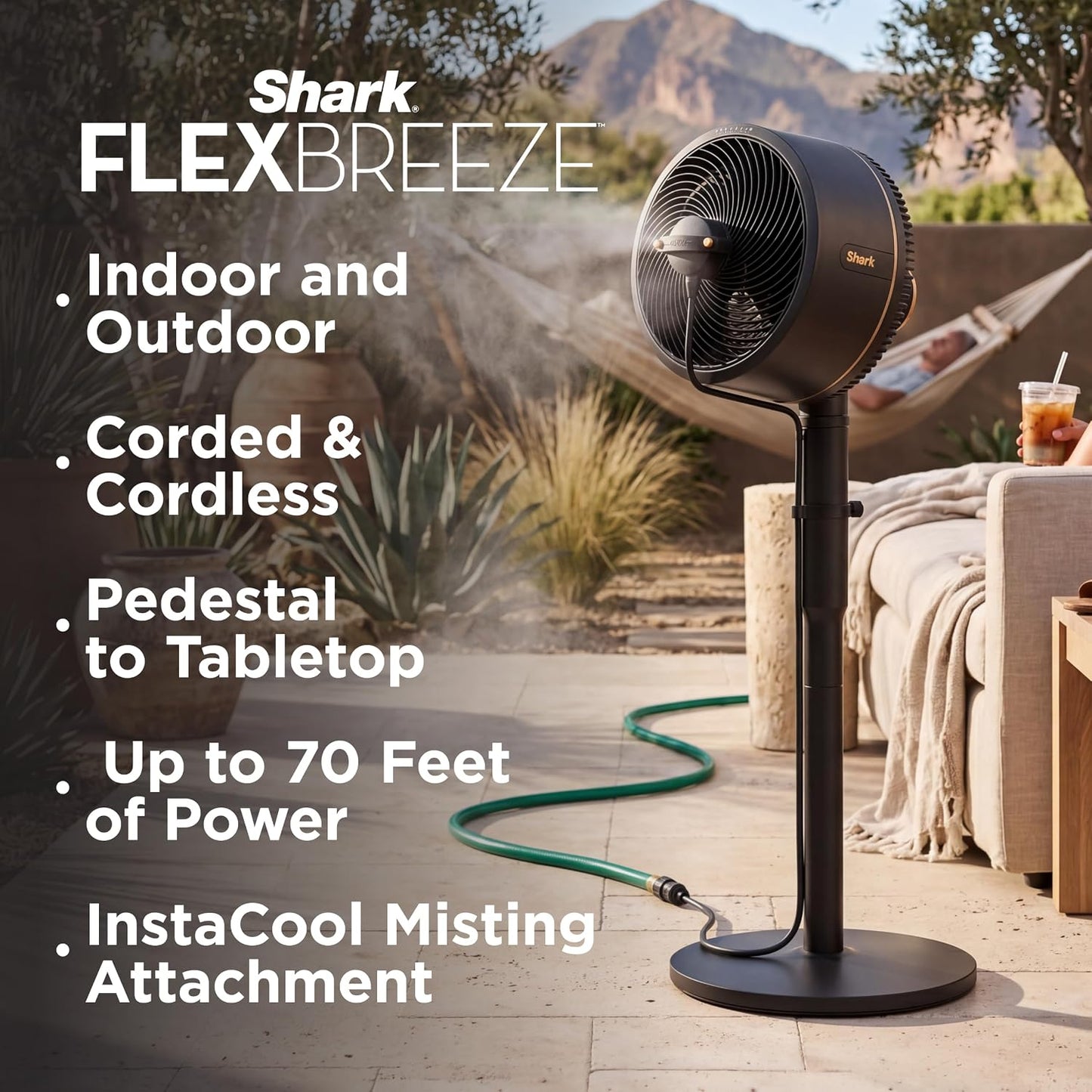 Shark FlexBreeze 2-in-1 Fan with Misting Attachment, Charcoal, FA222 | Corded/Cordless, Pedestal to Tabletop, up to 24-Hr Battery, up to 70 Ft of Power, 5 Speeds, with Outdoor Misting Attachment