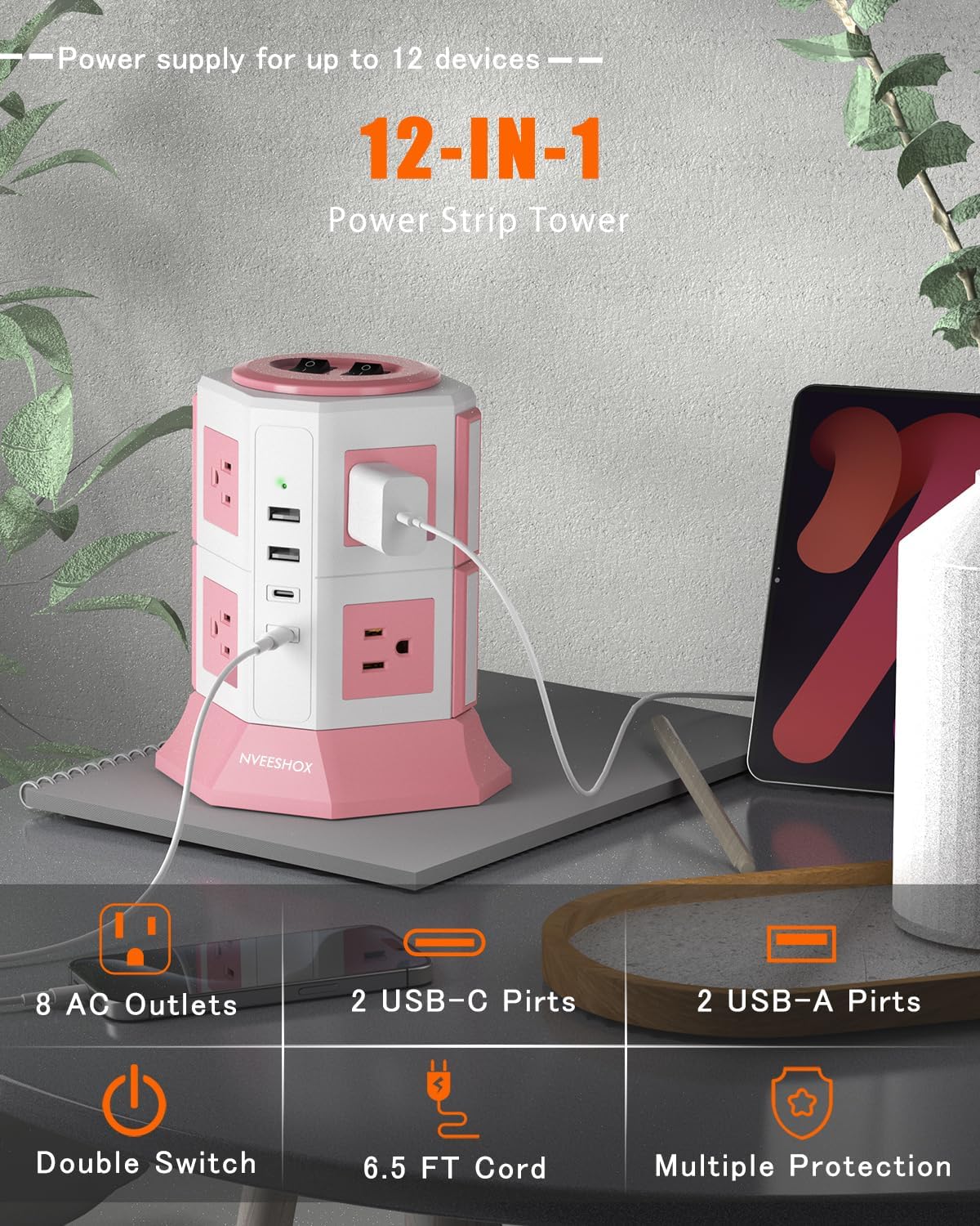 Surge Protector Power Strip Tower with 8 AC Outlets 4 USB Ports(2 Type C) | 6.5FT Thin Extension Cord with Multiple Outlets, Desktop Charging Station, Flat Plug Outlet Extender for Home Office Dorm