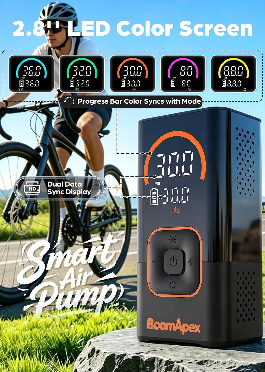 Tire Inflator Portable Air Compressor - Bike Pump with 2.88" Color Display, Real-Time Inflation Progress Bar, Air Pump with 0-150PSI Pressure Gauge, Memory Function & LED Light, Black Bike Accessories