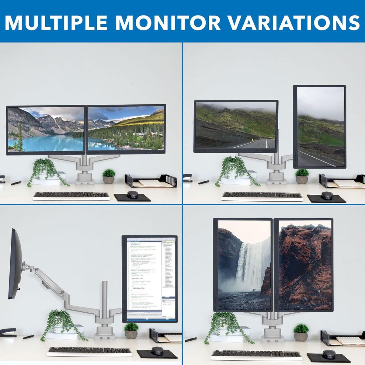 Mount-It! Dual Monitor Mount - Monitor Stands for 2 Monitors, Computer Arms on Desk Stand, Gas Spring Height Adjustable Desk Mount in Silver, VESA 75, 100 Fits Screens Up to 32", Silver Color