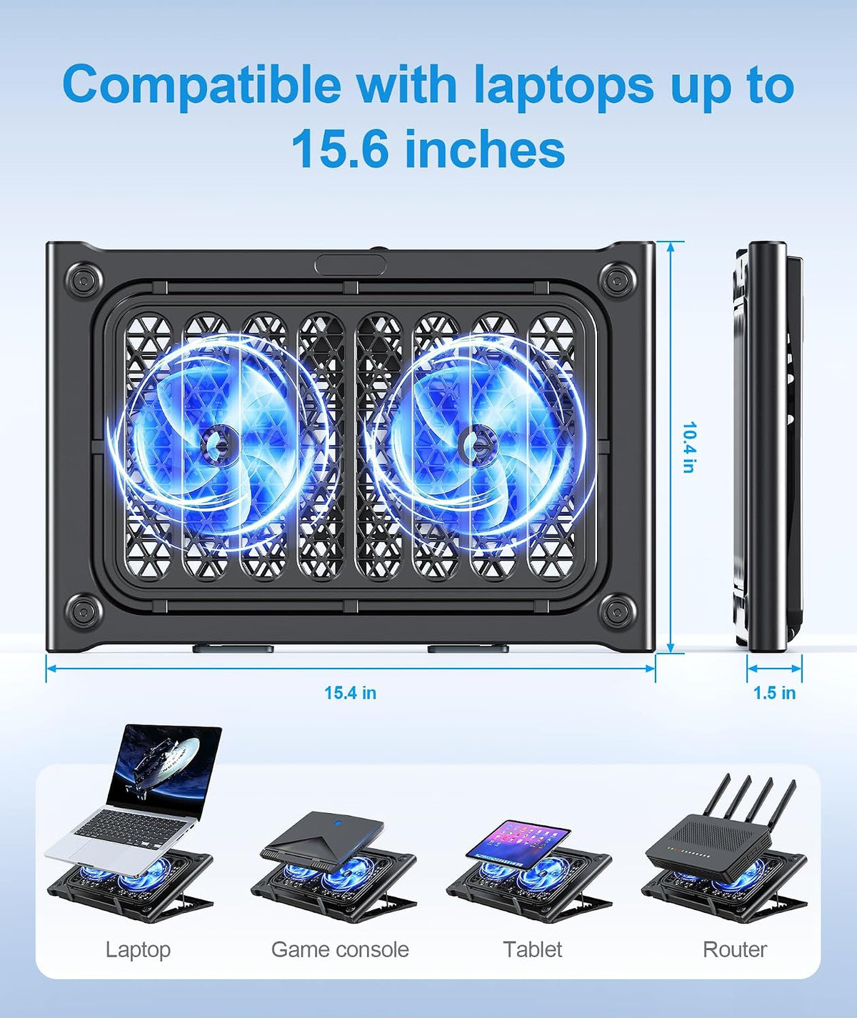MOKURU Laptop Cooling Pad Stand, Laptop Cooler with 2 Silent Fans for 10-15.6 Inch Laptops,6 Levels of Height Adjustable Wind Speed with 2 USB Ports (Black)