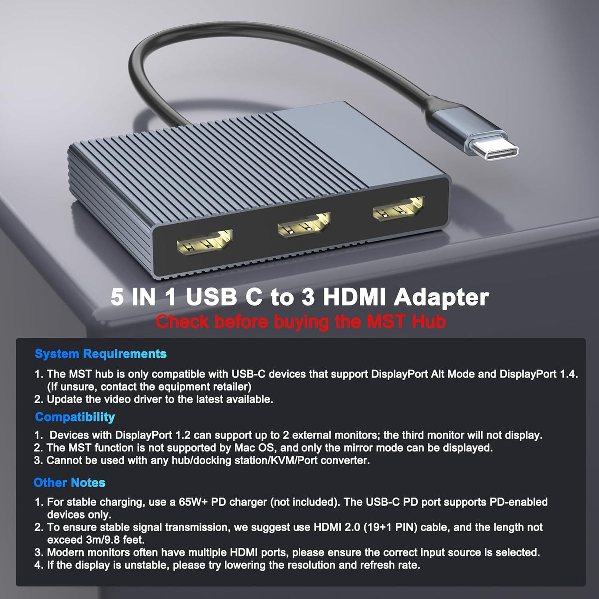 USB C to 3 HDMI Adapter with PD 100W/USB3.0, 4K@60Hz 3 Way HDMI Splitter Extended Display for 3 Monitors, Triple Monitor Docking Station for Dell/HP/Mac Laptop, SST/MST USBC Hub for Multiple Monitors
