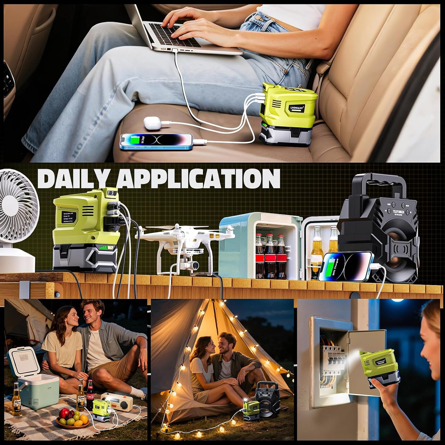 Real 200W Portable Power Inverter Compatible with Ryobi 18V, LIVOWALNY Outdoor Generato Battery Converter 2 USB & AC Battery Powered Outlet, DC 18V to AC 110V-120V Power Station (Tool Only)