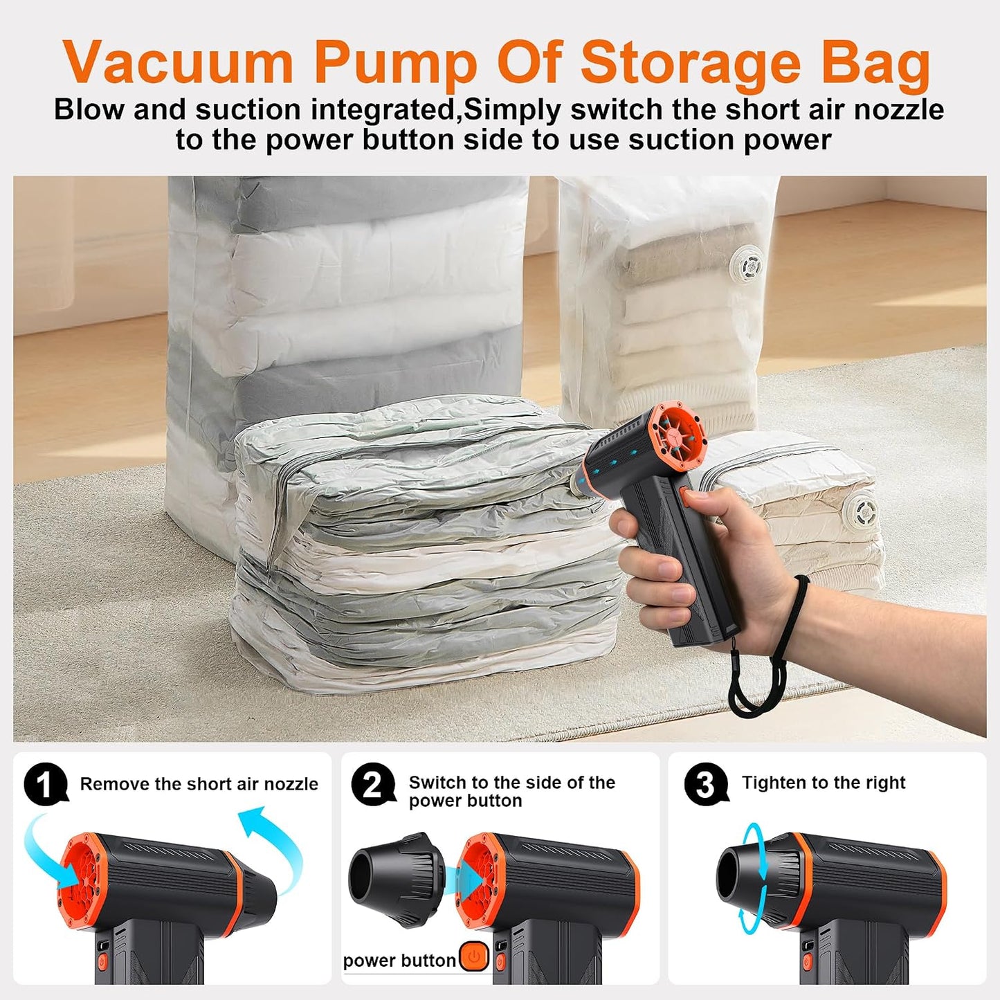 Compressed air Duster & Small Vacuum,150000RPM 3in1 Computer Vacuum Cleaner | compressed air vacuum with brushless motor,3-speed/multiple nozzles,for cleaning car, keyboard, computer, Storage Bag Sealing