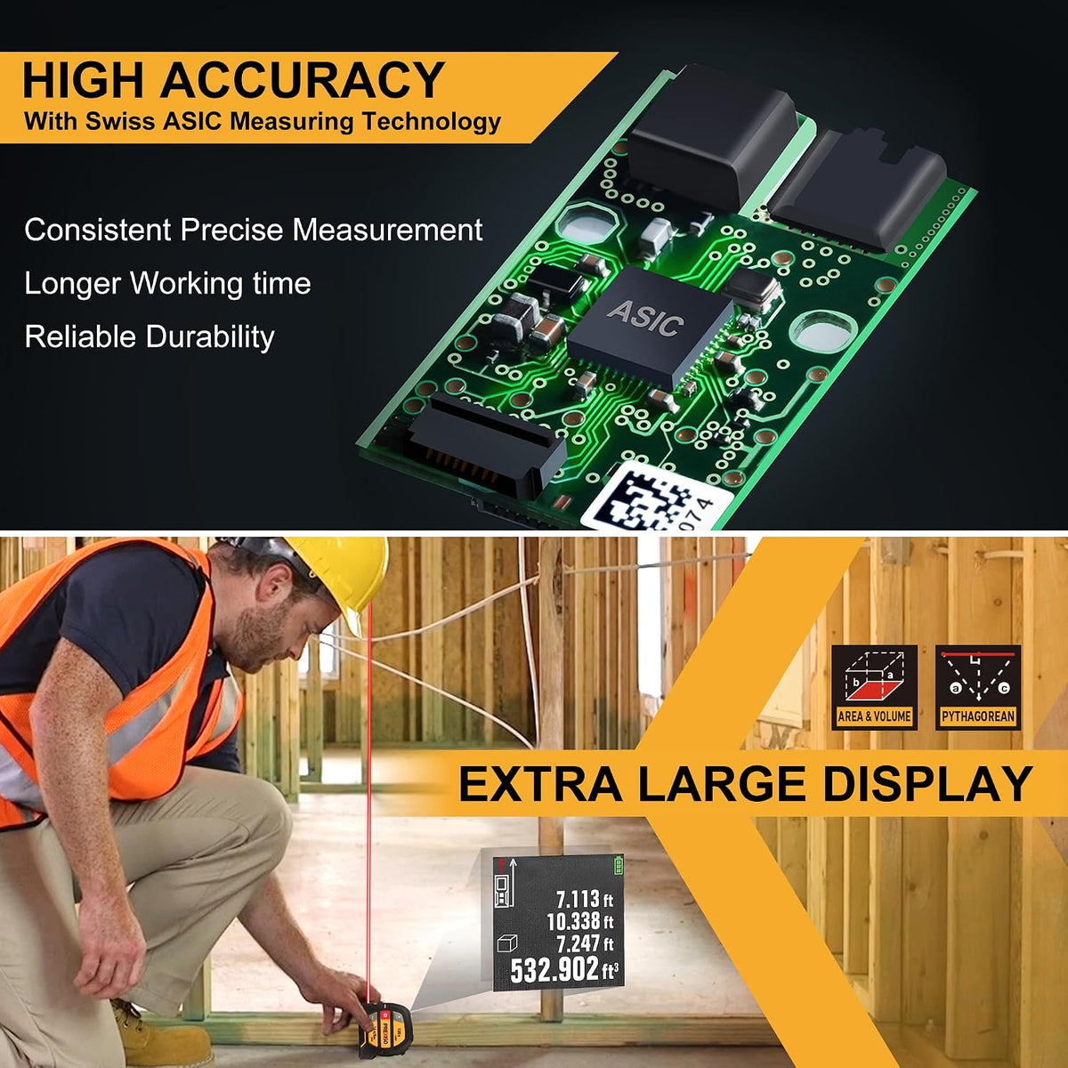 PREXISO 2-in-1 Laser Tape Measure 135Ft Rechargeable Laser Measurement Tool | 16Ft Measuring Tape with Movable Magnetic Hook - Pythagorean, Area, Volume, Ft/Ft+in/in/M Unit NOT Digital