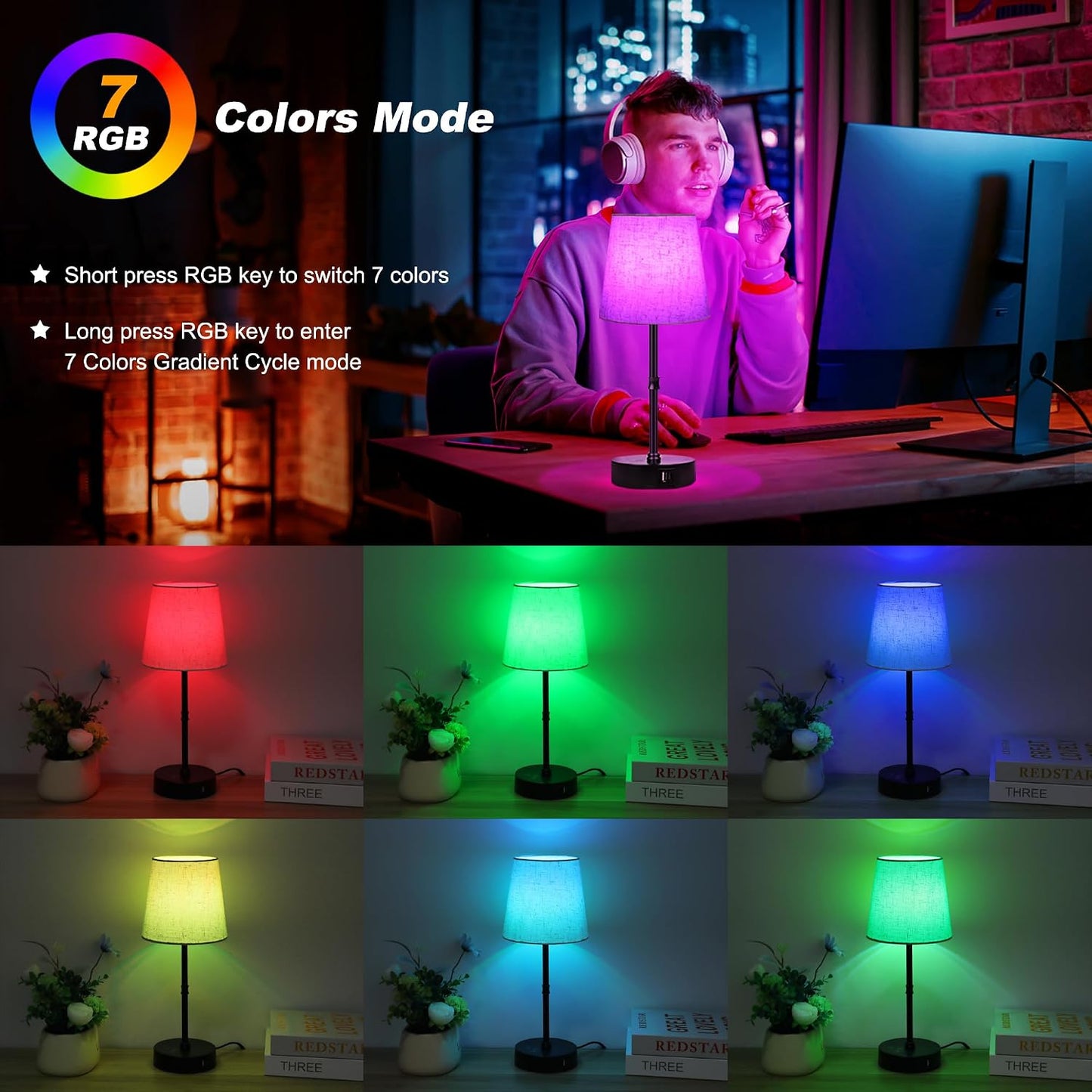 Ascher Bedside Table Lamp Set of 2, RGB Color Changing, 3 Color Temperatures, Dimmable Nightstand Lamp with USB C+A Ports, Touch Desk Lamp for Bedroom Living Room, H15.6in, Flaxen Shade