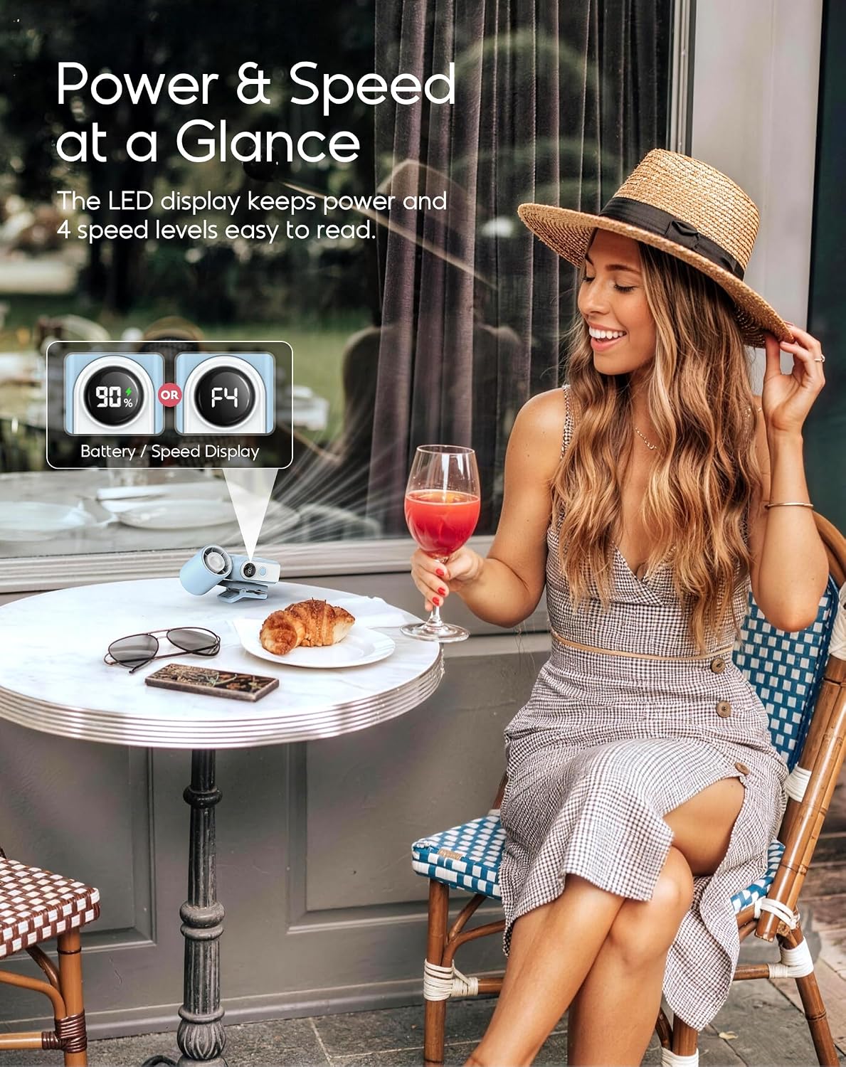 Clip-On Portable Fan for Strollers Travel, Rechargeable Turbo Personal Fan | Clip to Bag Strap Hat Stroller Shirt Desk Car Seats, Small 4 Speed 360° Rotate, Led Display, Turbo 13500RPM, Travel Essential