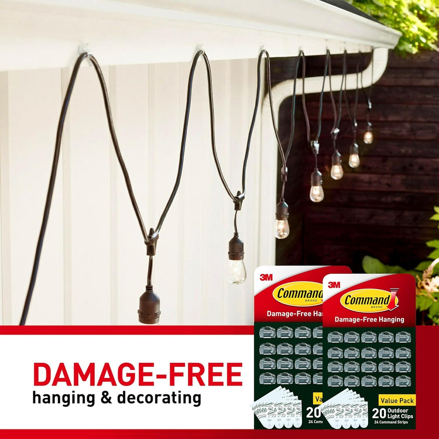 Command Outdoor Light Clips, 40 Clear and 48 Strips, Damage Free Hanging with Weather Resistant Strips, Wall Clips for Hanging Outdoor Lights and Cable Management