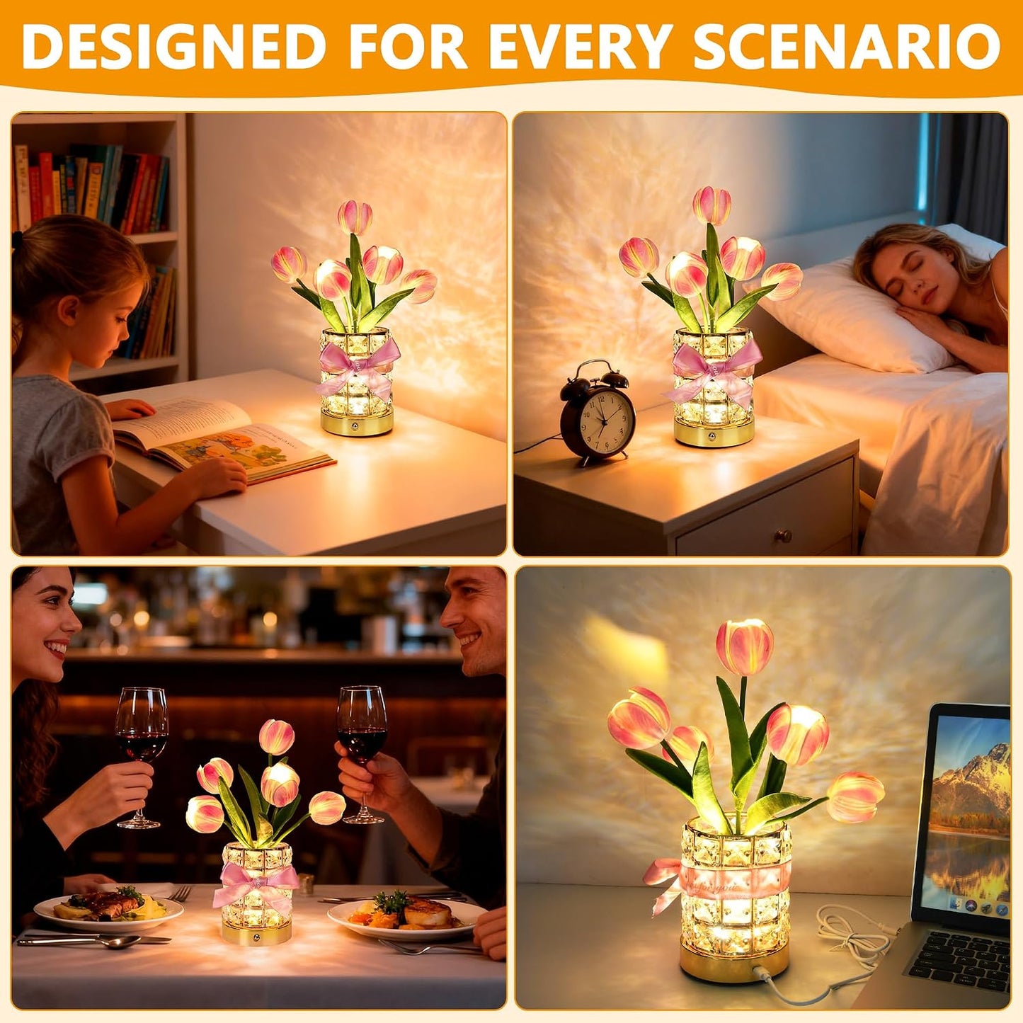 Handmade Flower Lamp,Rechargeable Cordless Touch Table Lamp,3-Colour Infinitely Dimming Small Night Light,Festival Restaurant Bedroom Bar Coffee Shop Birthday Gifts for Women Mom, Tulip Flower