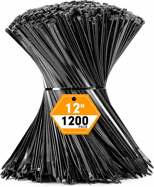 RAZCC 1200pcs Black Cable Zip Ties 12 Inch, Heavy Duty Plastic Nylon Tie Wraps with 50lb Tensile Strength for Indoor & Outdoor