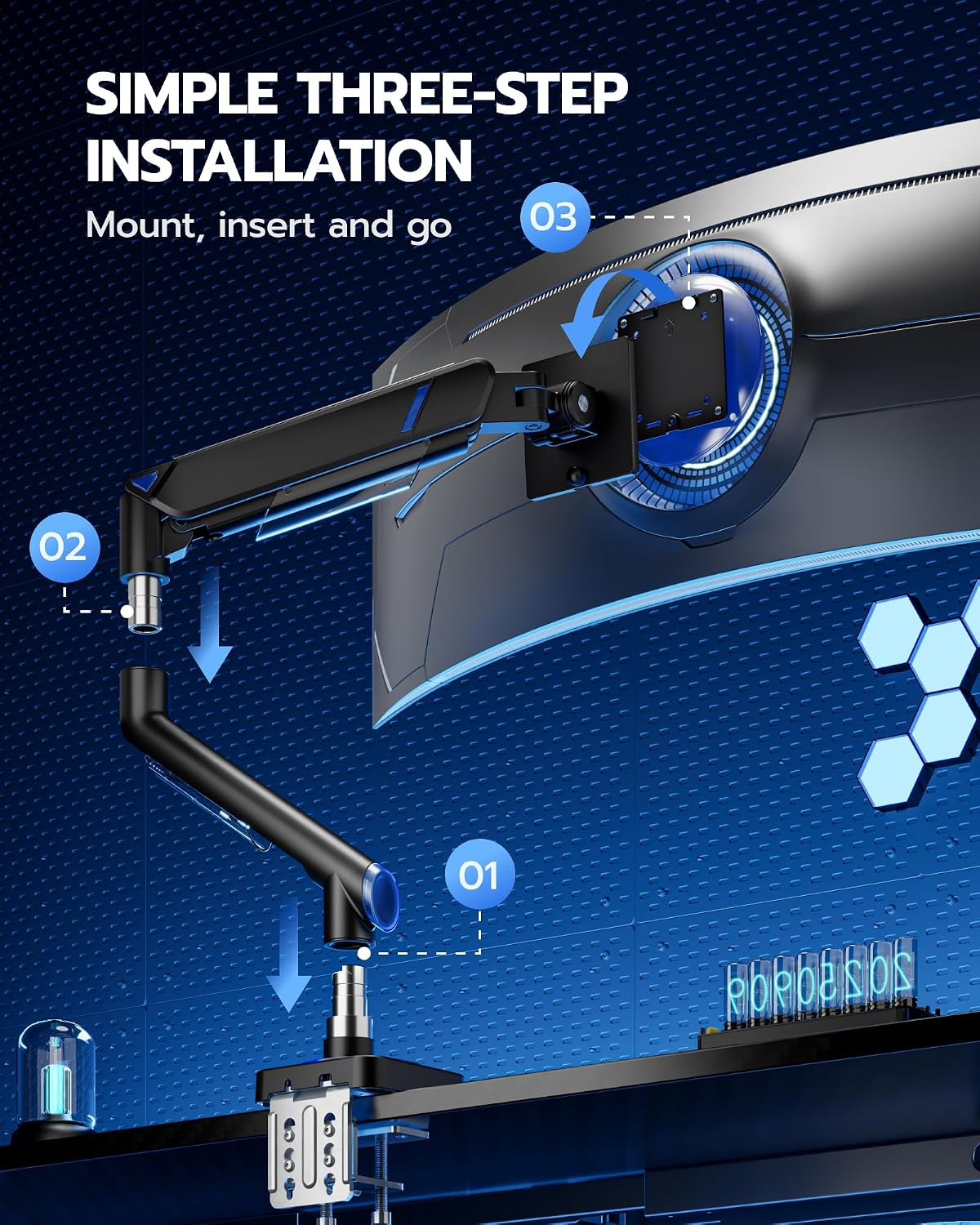 ARES WING 17-49 Inch Monitor Arm Ultrawide Single Monitor Mount, Black | Heavy Duty Mechanical Spring Monitor Stand Adjustable Arms Holds up to 44lbs, 75/100 VESA Mount with Clamp/Grommet Base