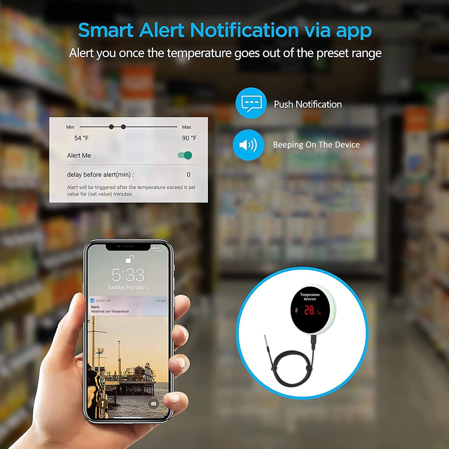 WiFi Temperature Sensor Smart Thermometer: Digital Temperature Monitor Gauge with Waterproof External Probe, App Alert &amp; Buzzer Alarm, Rechargeable Battery, for Freezer, Refrigerator, Fish Tank