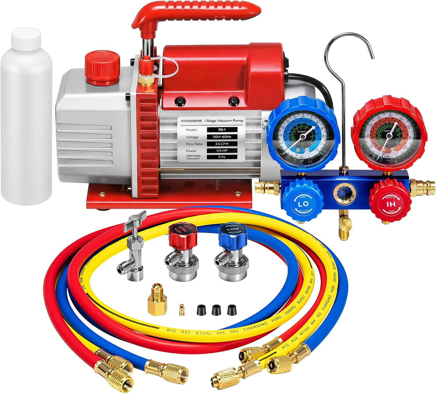 VIVOHOME 1/4 HP 3.5CFM 1 Stage AC Vacuum Pump and R134a Manifold Gauge Set | 110V HVAC Vacuum Pump Kit with 5ft Hoses for R134a R12 R22 R502 Auto Mini Split Air Conditioning Refrigeration Recharging