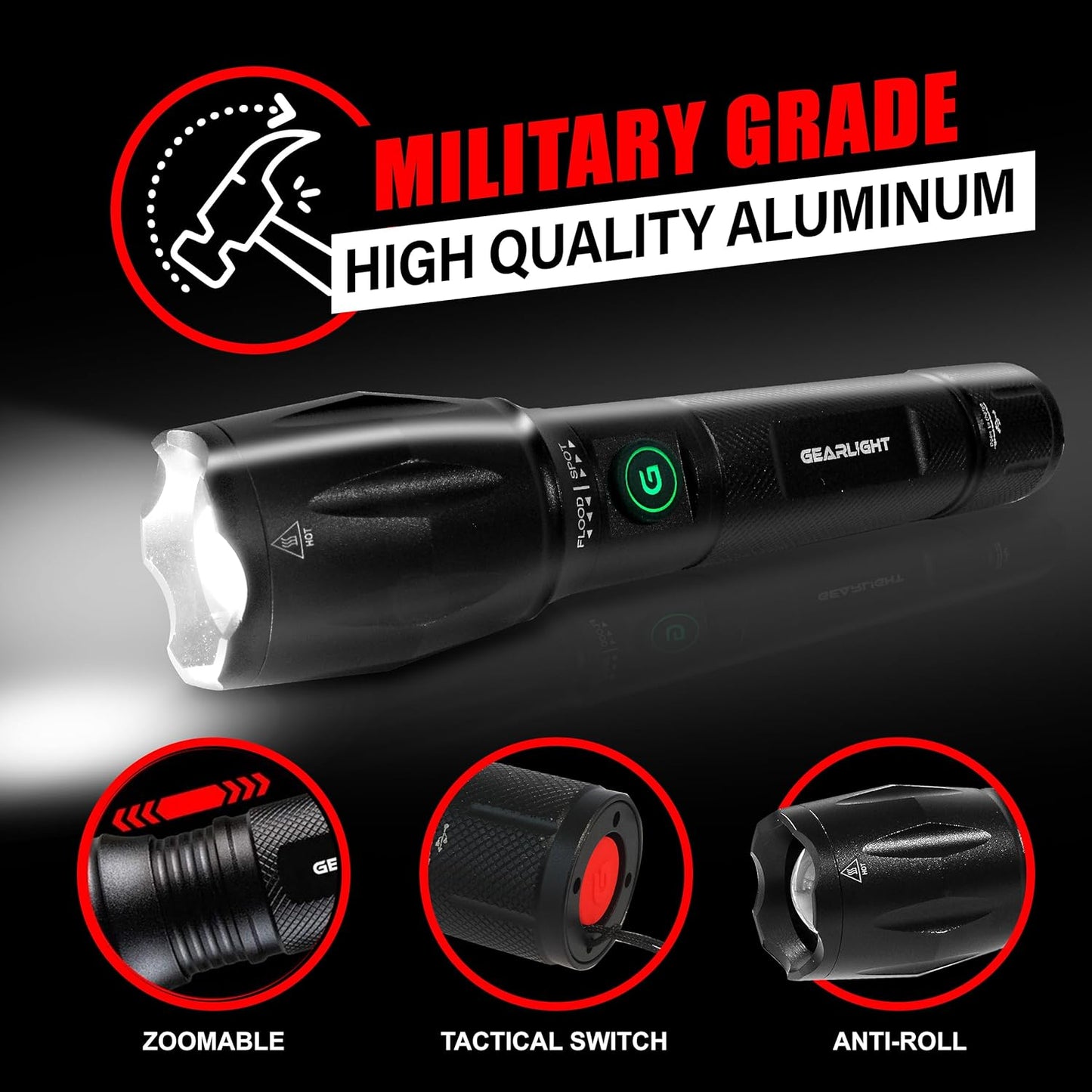 GearLight S1000 LED Tactical Flashlight - High Lumens, USB-C Fast Charging, Dual-Button, IPX4 Water-Resistant, Pocket-Sized for Camping & Emergencies with Batteries - 2 Pack, (Rechargeable)