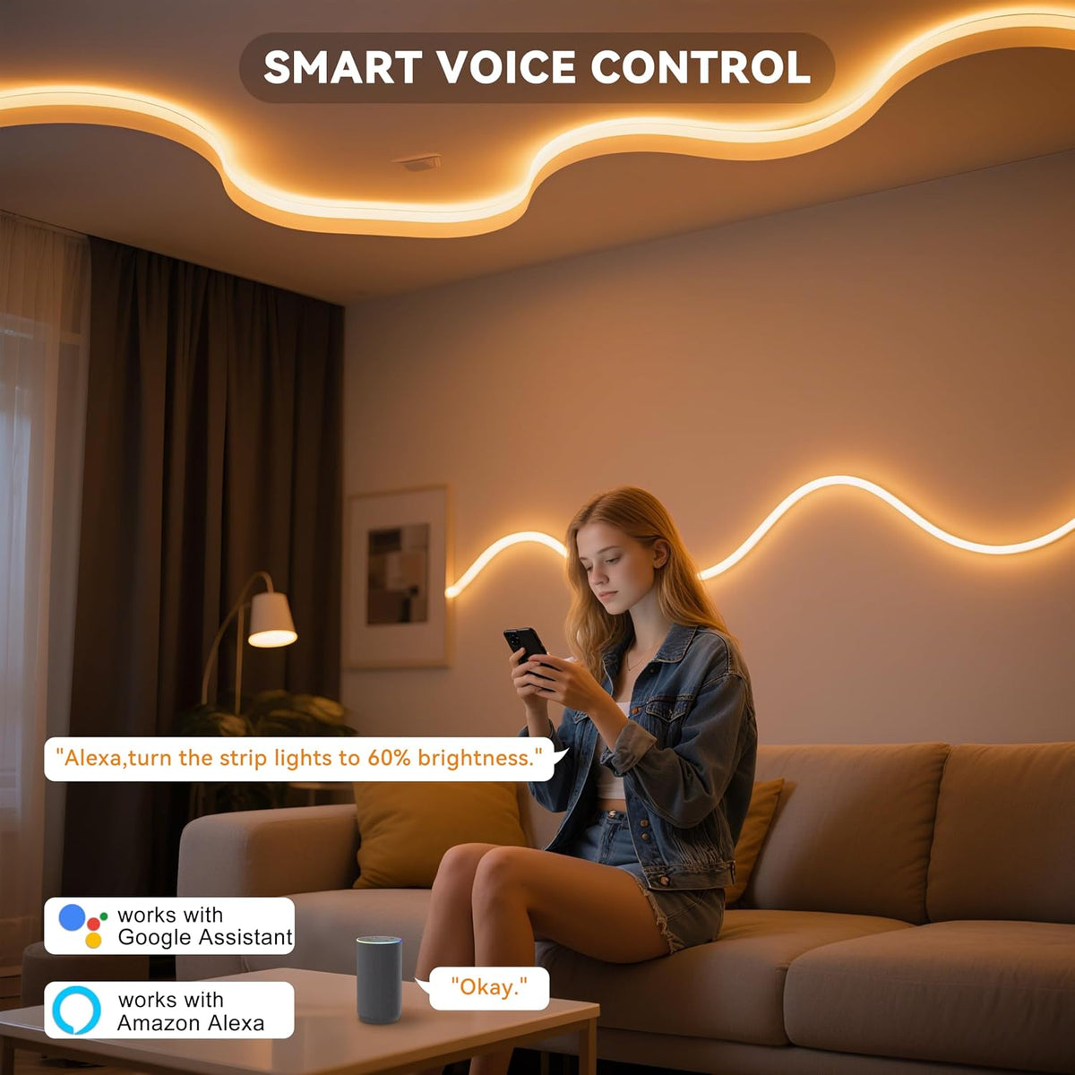 PAUTIX LED Strip Warm White 20ft/6.1m,Smart LED Strip Light Kit Compatible with Alexa/Google Assistant,Dimmable 24V 3000K COB LED Strip Light for Bedroom,Kitchen,Cabinet,Mirror,Sunroom