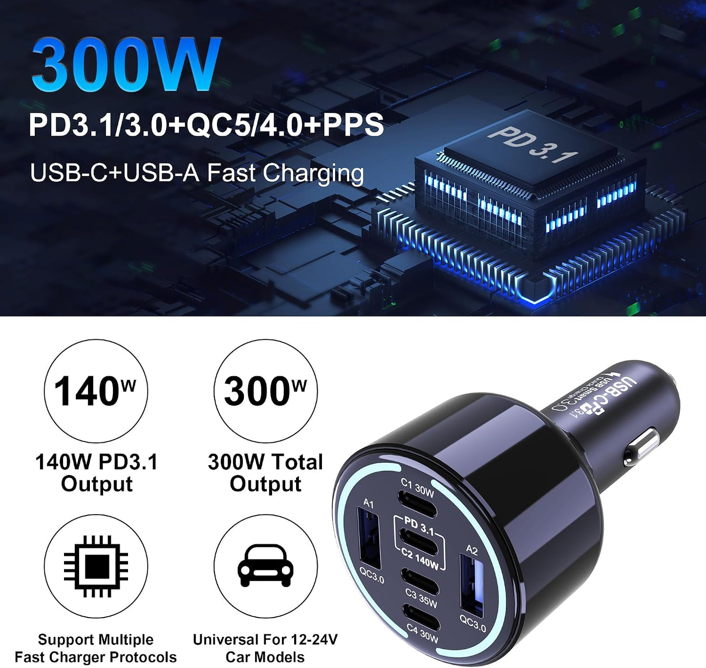 CHIPOFY 300W USB C Car Charger, 6 Ports (4 USB C + 2 USB A) | PD3.1 140W PPS 45W QC 60W Super Fast Charging for MacBook Laptop, iPhone 16 15 Pro Max, iPad, Galaxy S24/S23