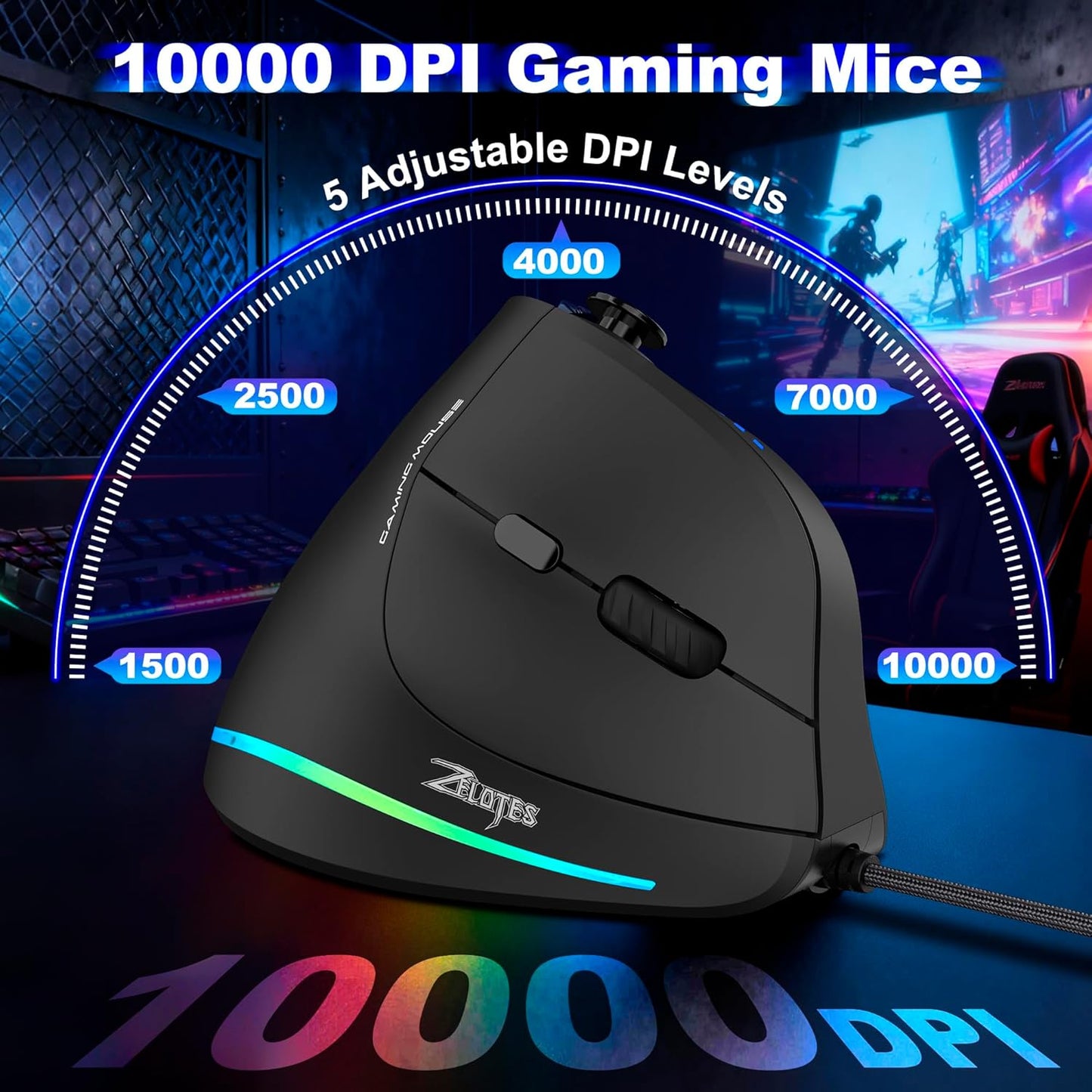 TRELC Wired Gaming Mouse with 5 D Rocker, 10000 DPI/11 Programmable Buttons, Vertical Ergonomic Mouse with On-Board Memory, Optical Computer Mice for PC/Laptop/E-Sports/Gamer