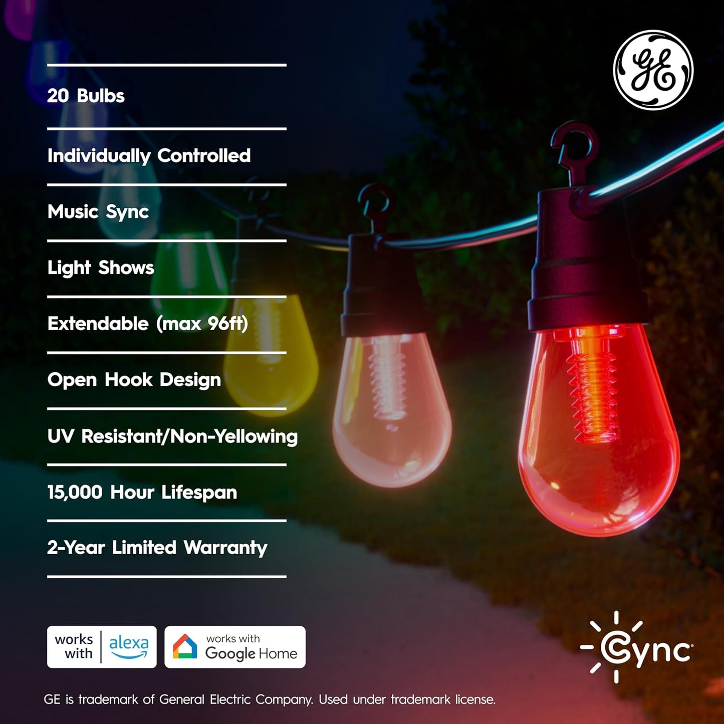 Cync GE Dynamic Effects Color Changing Smart Outdoor String Lights, 48ft | App control, Alexa & Google compatible, color changing patio cafe lights, weather resistant, 48ft, dynamic lighting effects