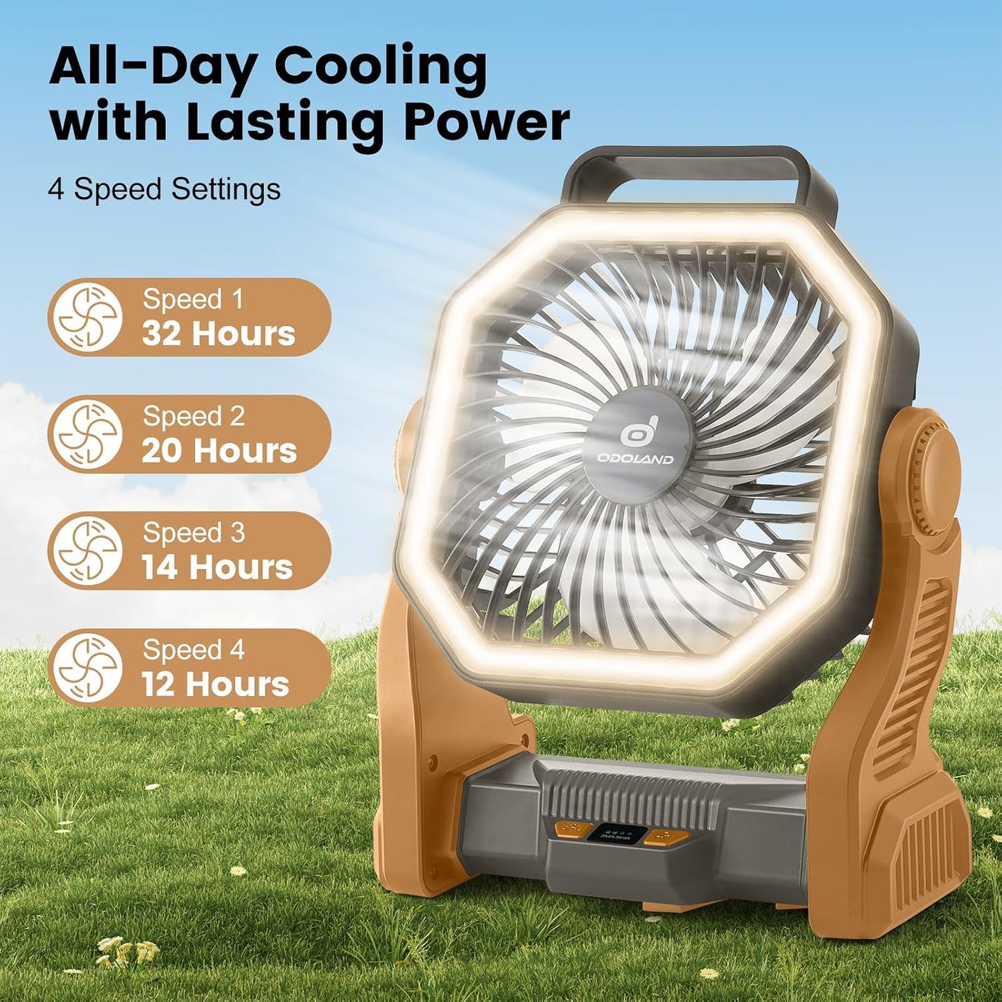 Odoland Portable Rechargeable Fan, 20000mAh Camping Fan with LED Lantern | 4-Speed Airflow & 3-Color Light Oscillating Fan with Hanging Hook for Tent Car Beach Hurricane Power Outage, Brown