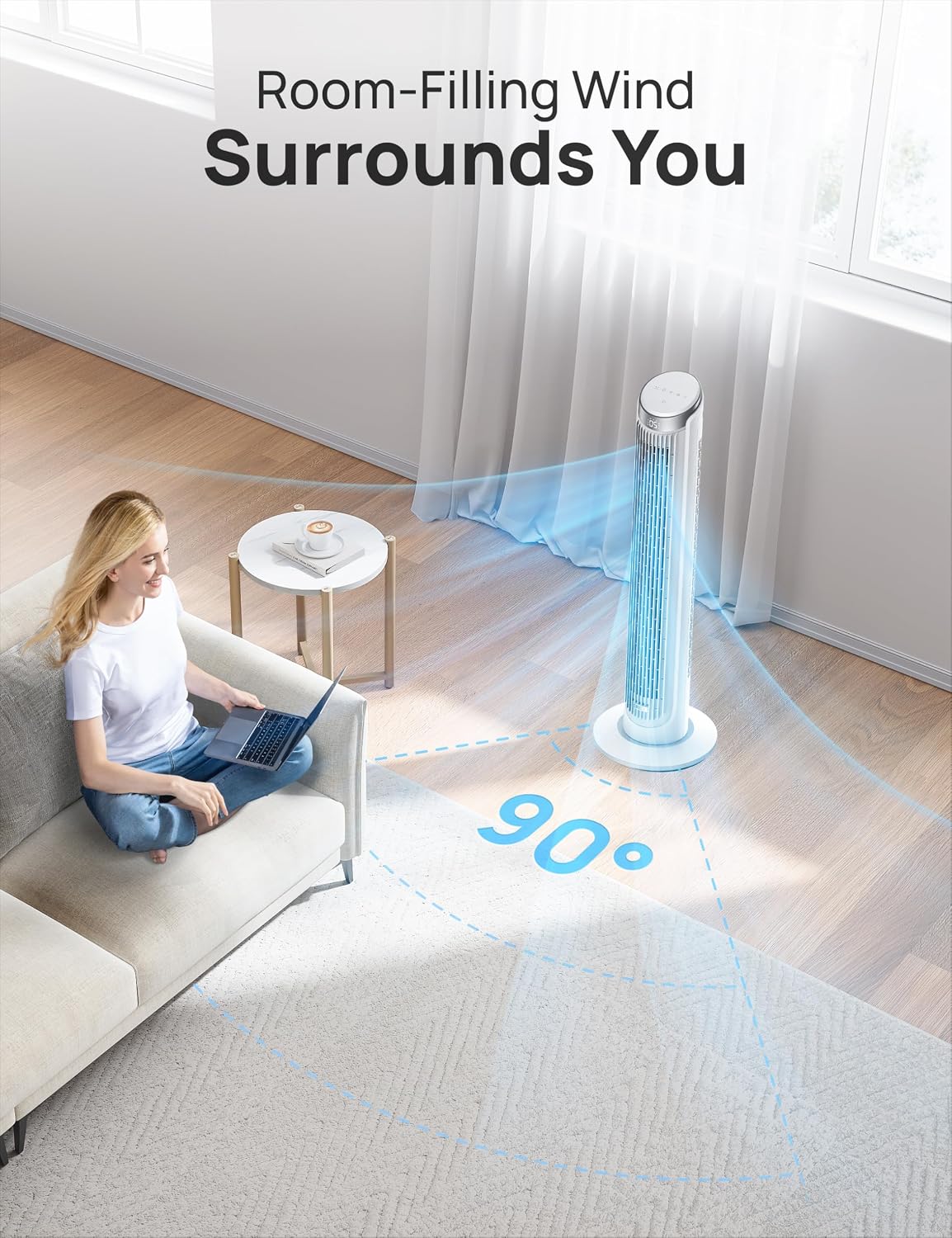 DREO Tower Fan for Bedroom, 90° Oscillating Fans that Blow Cold Air | 26 ft/s Powerful Airflow, 28dB Quiet Fan, 5 Speeds, 4 Cooling Modes, 12H Timer, 40" Standing Floor Fan for Home Office
