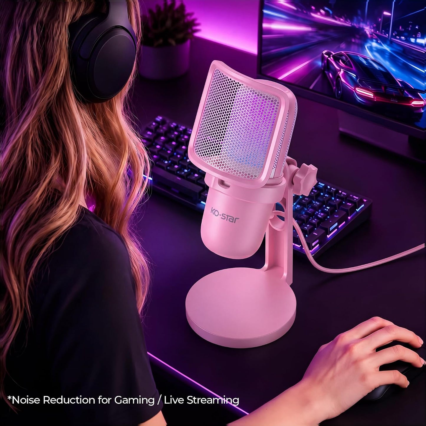 RGB USB Microphone, Pink Gaming Mic for PC, PS5, Laptop, Phone, Condenser Mic with Touch Mute, Pop Filter, Cardioid Pickup, Plug &amp; Play for Streaming, Podcast, Recording, Gaming