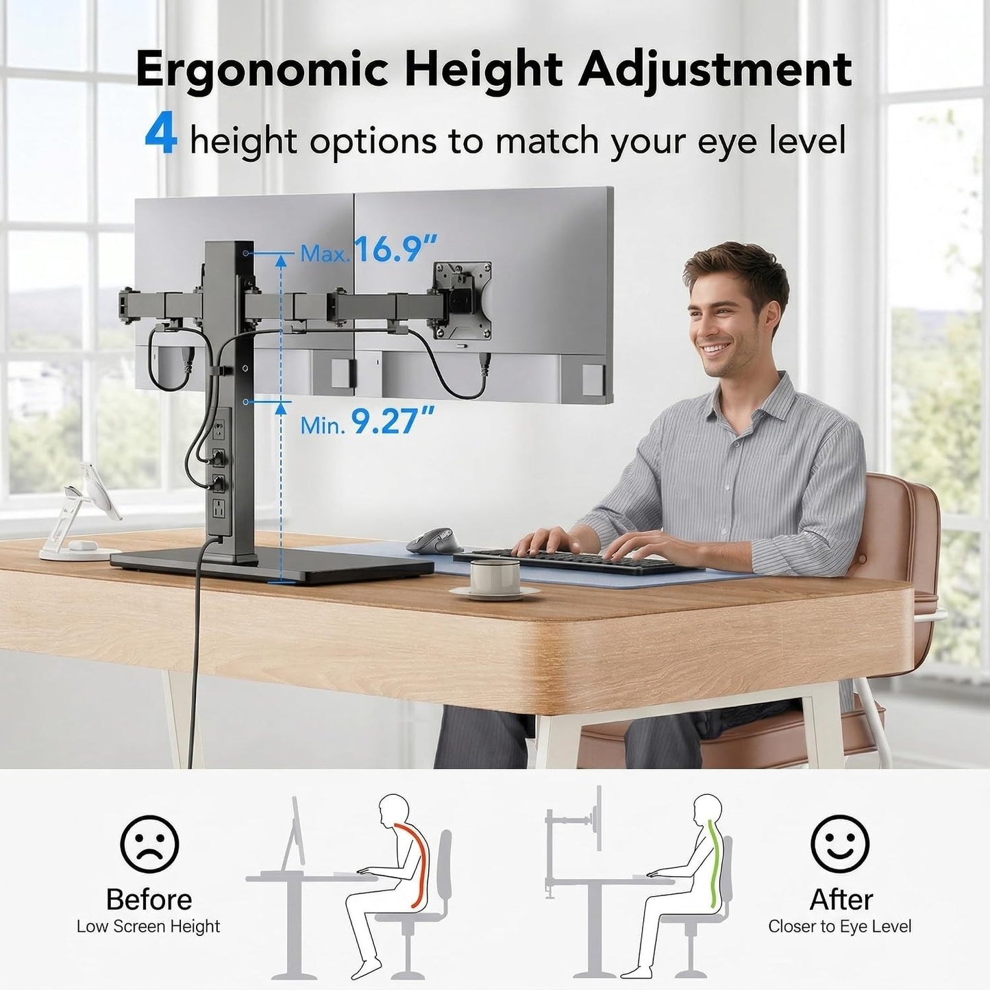 HUANUO Dual Monitor Mount with Power Outlet, Computer Monitor Stand with Sturdy Glass Base, Full Motion Dual Monitor Stand with Adjustable Height, Supports 13″-32″ Displays up to 22 lbs, Easy Setup
