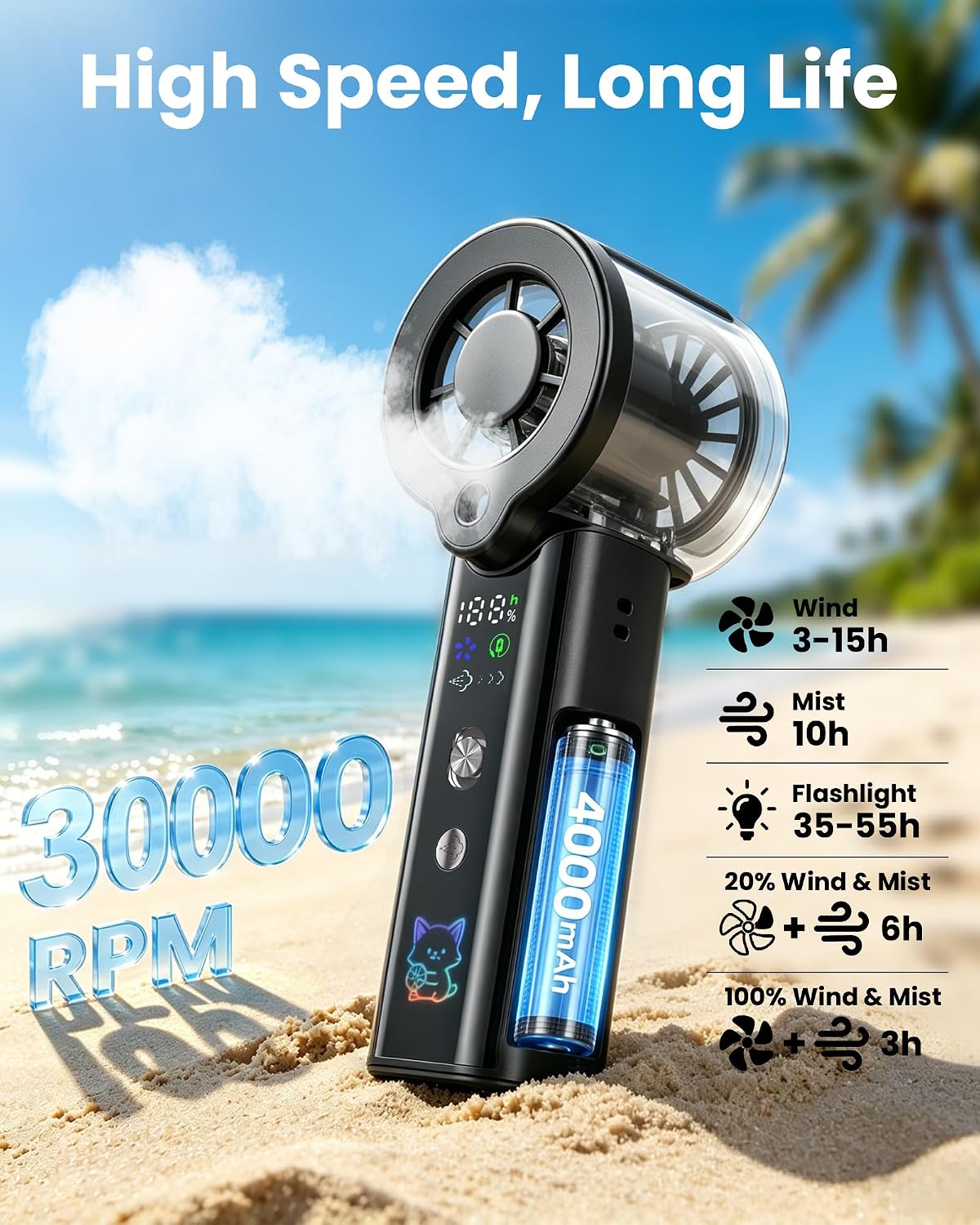 Portable Misting Fan with Mist, 3-in-1 Rechargeable Handheld 4000mAh | Adjustable mist mode, 100-speed wind control, LED display, power bank function, 30000RPM, compact & lightweight