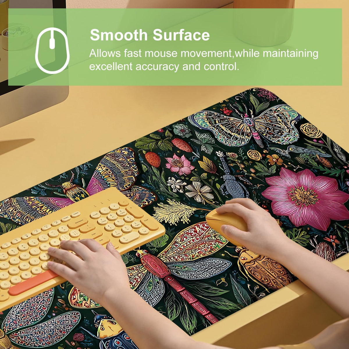Desk Mat, XXL Extended Gaming Pad for Desktop, 31x12 Inches Butterflies and Dragonflies Garden Scene, Large Non-Slip Vegan Leather Keyboard Mouse Mat for Home Office