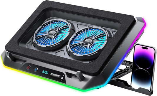 KYOLLY RGB Gaming Laptop Cooling Pad with Two Turbo Fan 3000RPM, Rapid Cooling for 15.6-19.3" Laptops, Variable Speed Control, 6 Adjustable Heights,10 RGB Lighting Modes,4 Hub
