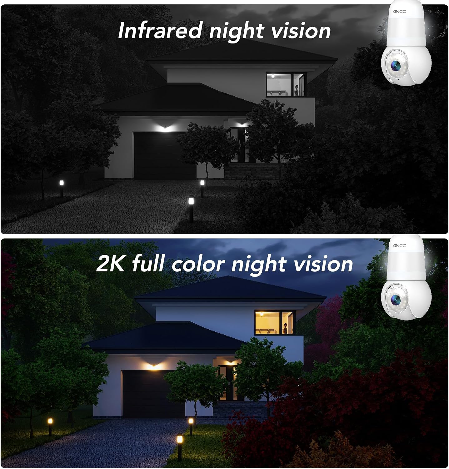 GNCC 2K Light Bulb Security Camera, 360° Outdoor Camera 2.4G WiFi (1-Pack) | Easy Screw-in Porch/yard Bulb socket, Full color night vision, Motion Detect, Built-in LED Bulb/Spotlight, SD/Cloud Storage