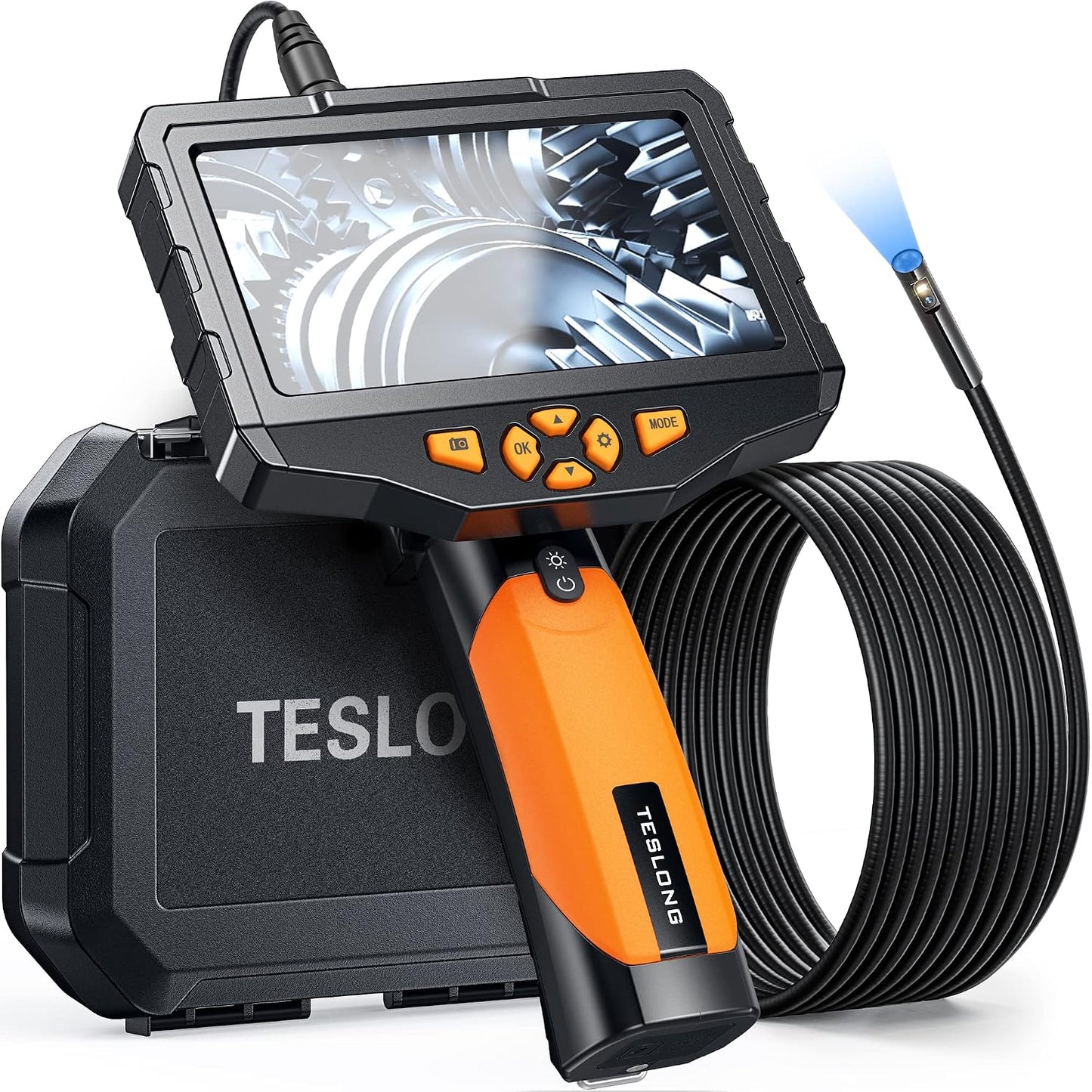 Teslong 5'' Dual Lens Borescope Camera for Wall & Engine Inspection | IPS Screen 16.5FT Cable Industrial Endoscope with 7 LEDs, Waterproof Fiber Optic Snake Scope for Automotive, HVAC, Plumbing
