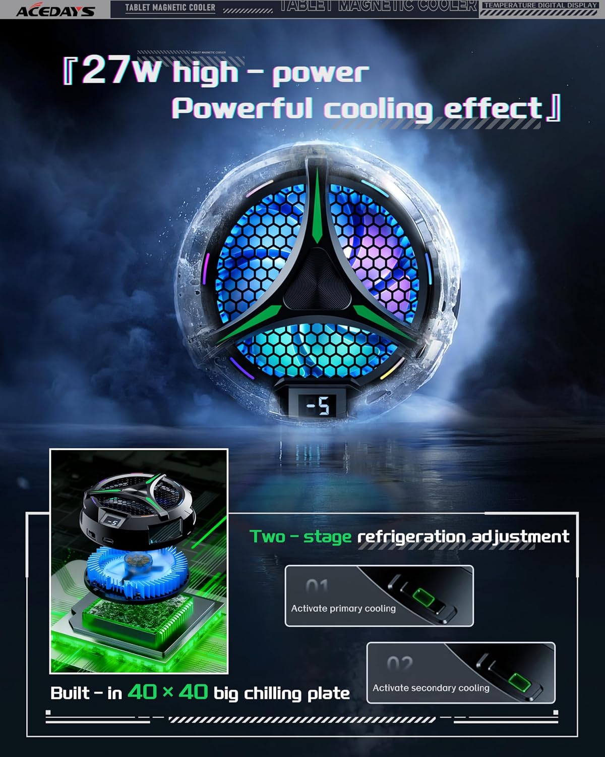 ACEDAYS Magnetic Cooler for iPad,Tablet Cooler for ipad/Surface pro/Samsung Tab,Universal Radiator with Temperature Display for Mobile Gaming,Tiktok Live Streaming (Green Mech)