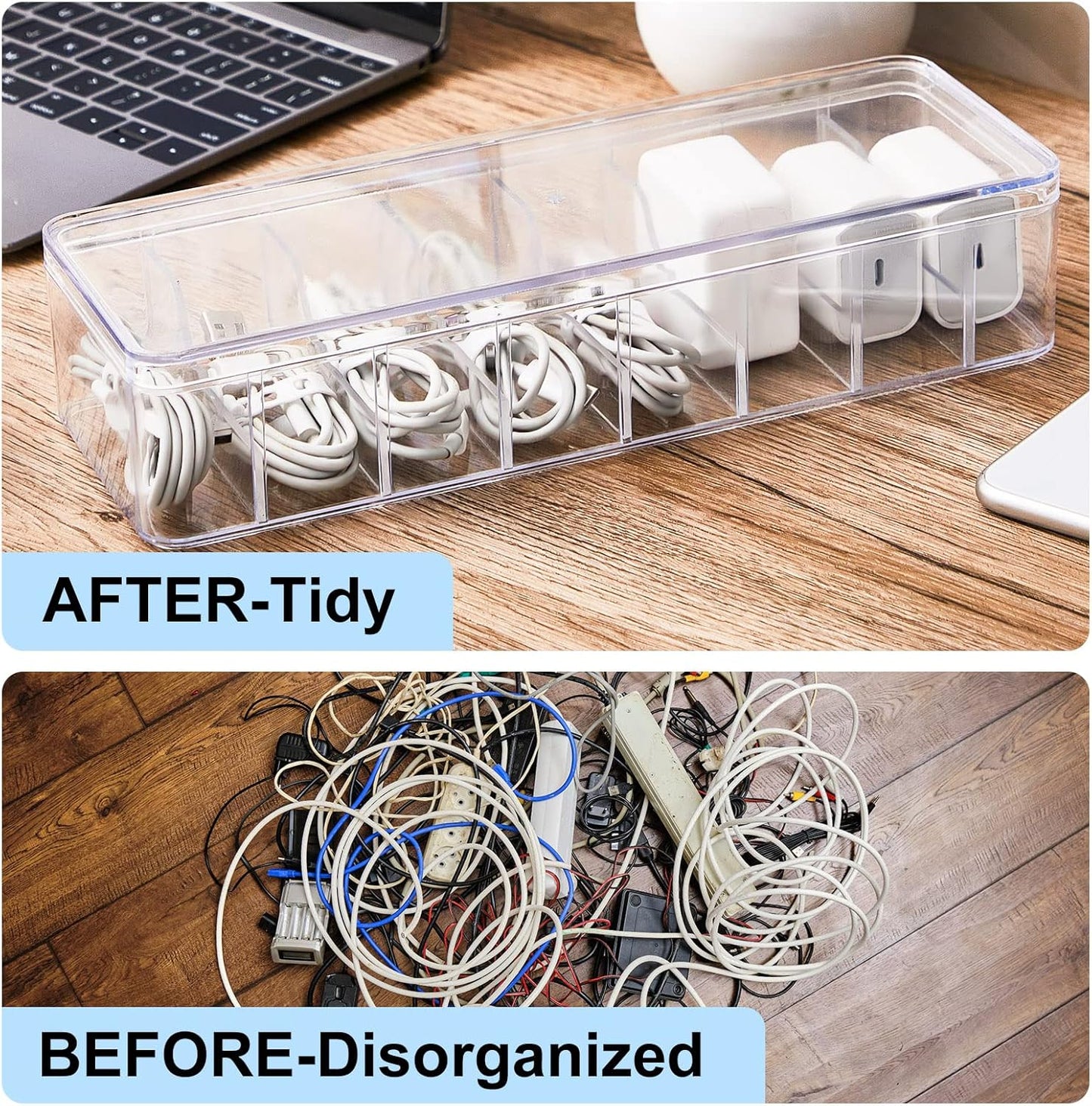 Tatuo 2 Pcs Cord Organizer for Drawer Desktop, Cable Organizer Box with 8 Compartments and Wire Ties, Plastic Charger Storage with Lid, Electronics Case for Home Office Accessories (Small,Clear)