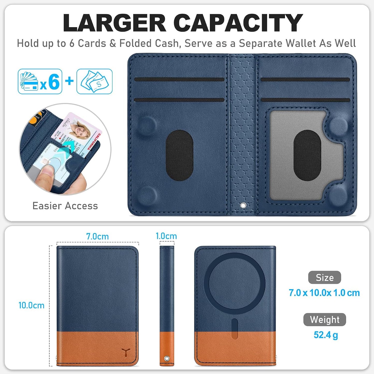 TUCCH for Magsafe Wallet, 6 Card Slots with RFID Blocking, Blue & Brown | for iPhone 17/17e/16/15/14/13/12 Pro/Pro Max/Plus, Clear ID Window, Magnetic Phone Wallet, PU Leather
