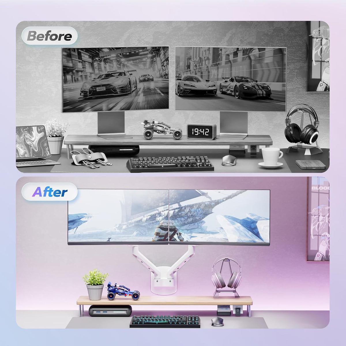 ARES WING 17-35 Inch Ultrawide Dual Monitor Wall Mount, White